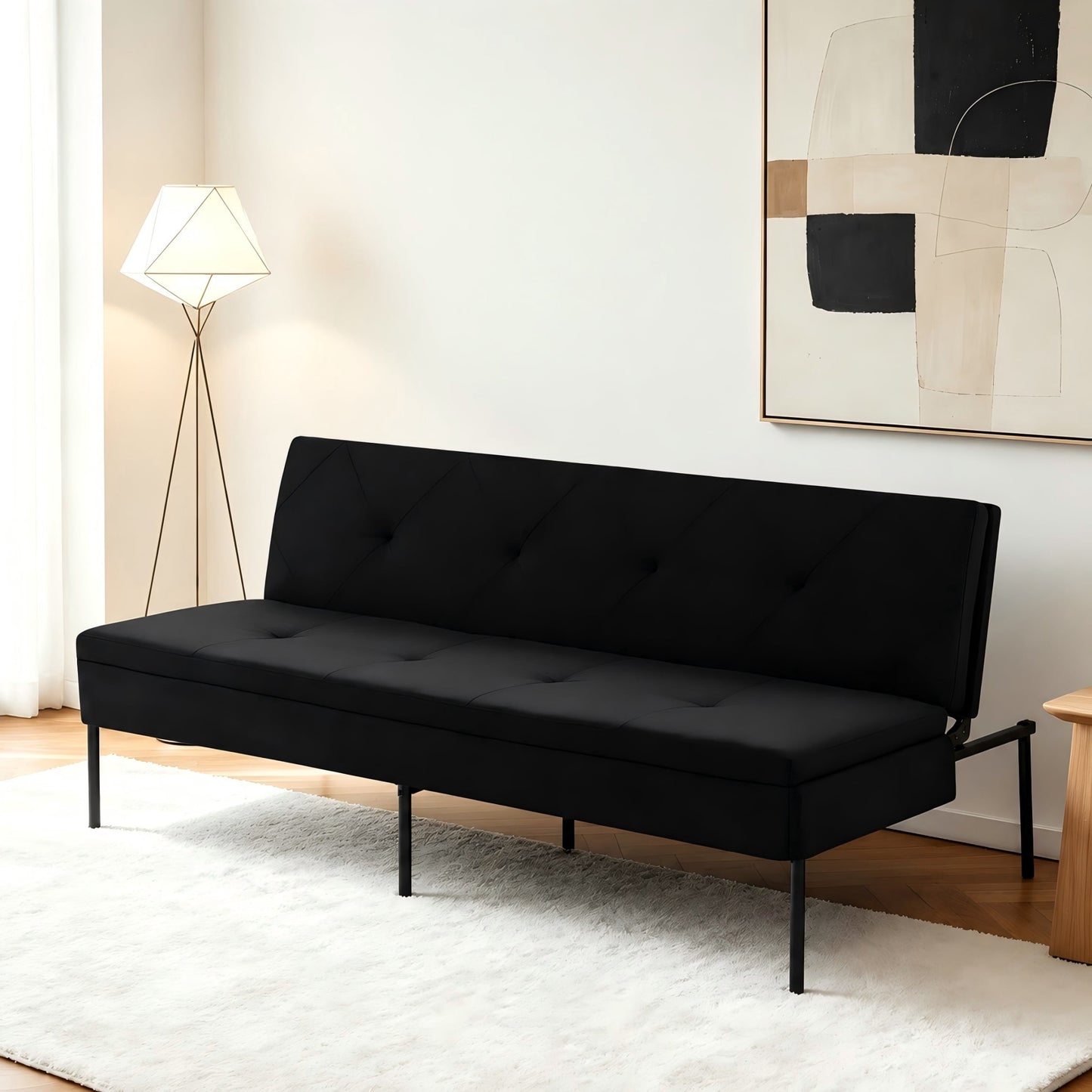 BSHTI 63.39†Futon Sofa Bed, 5 Adjustable Positions, Iron Frame with Black, Polyester Fabric, Convertible Sleeper for Living Room Office, Small Spaces, Black