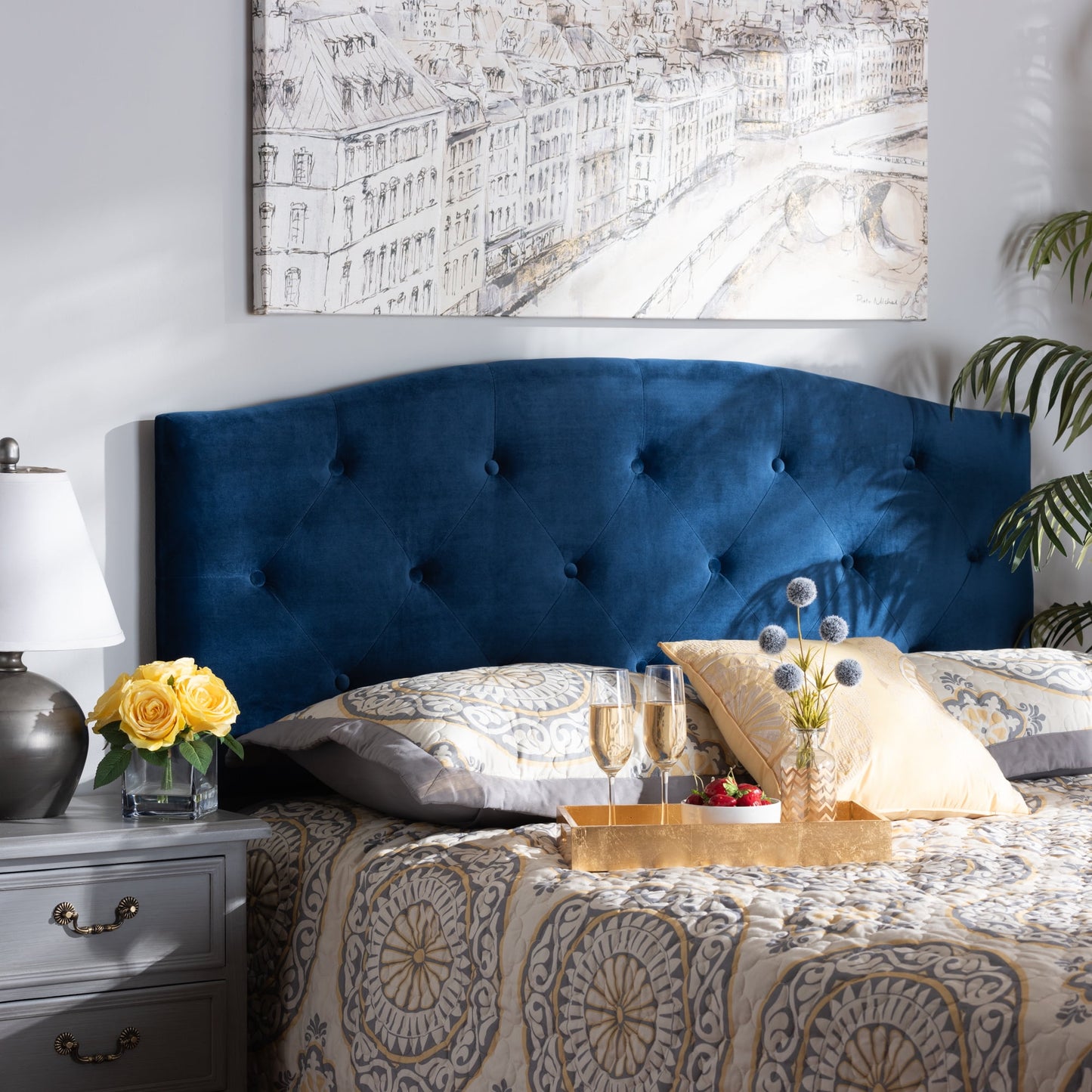 Baxton Studio Leone Modern and Contemporary Navy Blue Velvet Fabric Upholstered Full Size Headboard