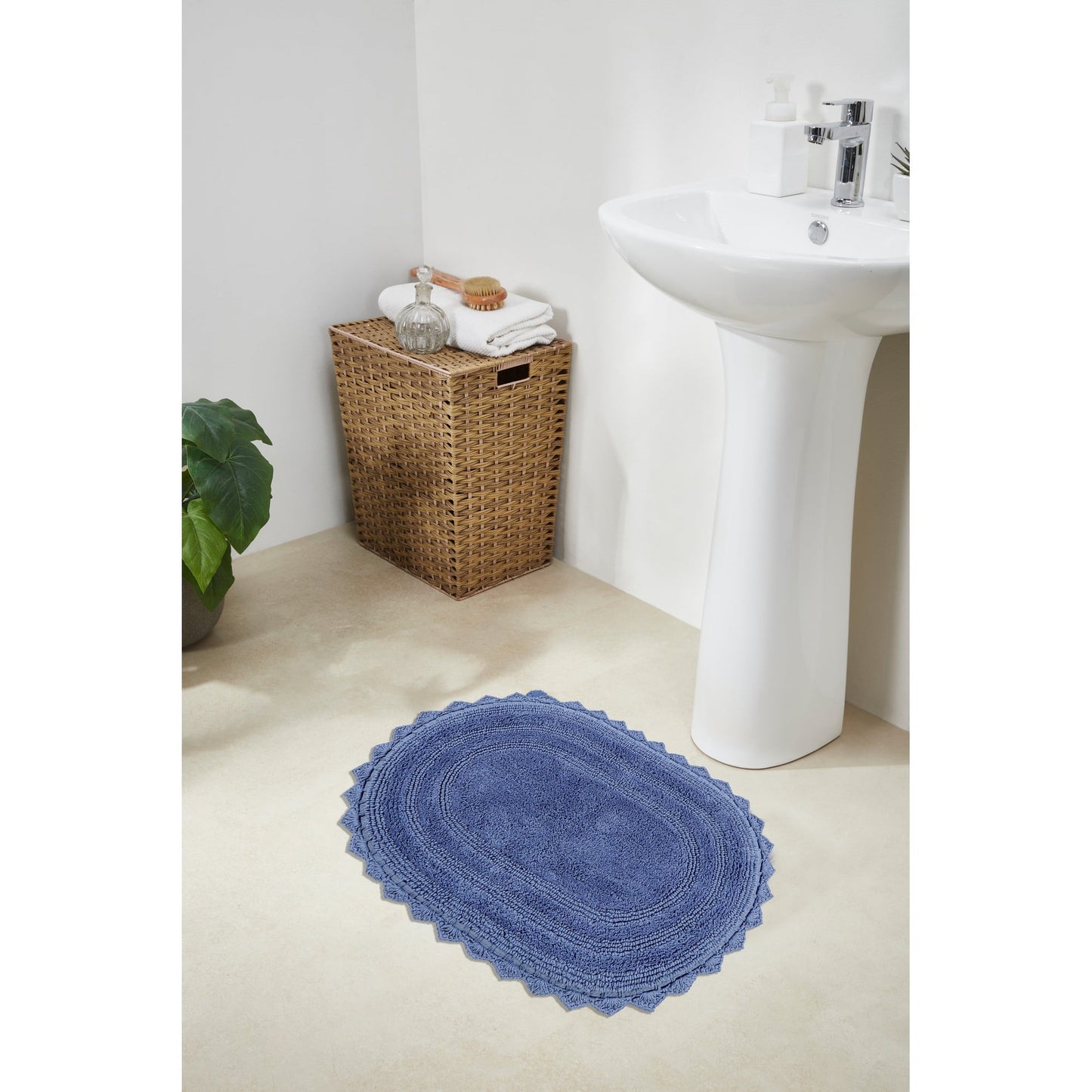Better Trends 17" x 24" Oval Shape Bath Mat 100% Cotton Bathroom Rug Water Absorbent Bath Rug Machine Washable (Blue) Lilly Crochet Collection