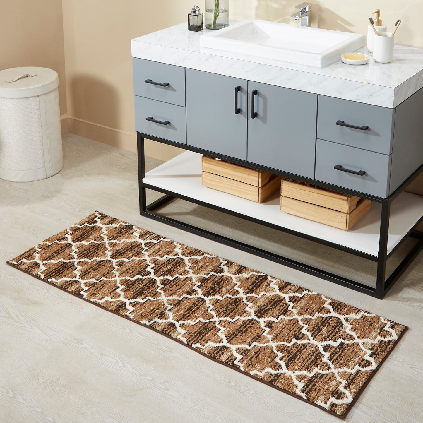 Better Trends 20" x 60" Runner Bathroom Rug, 100% Cotton, Soft, Water Absorbent, Non-Slip Long Bath Mat, Machine Washable, Rugs for Bathroom, Vanity, Bathtub – Savio Collection - Brown