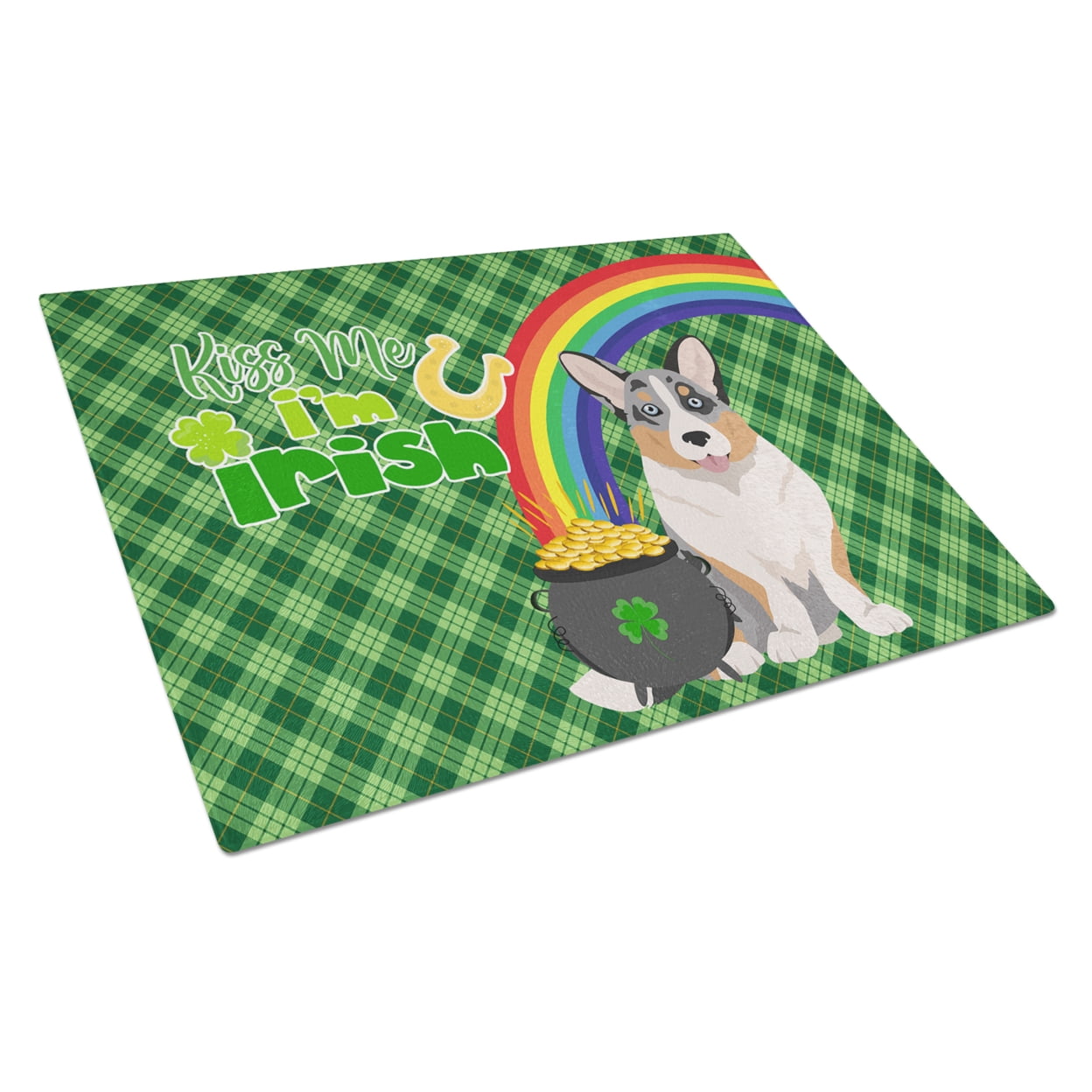 Blue Merle Cardigan Corgi St. Patrick's Day Glass Cutting Board Large 12 in x 15 in