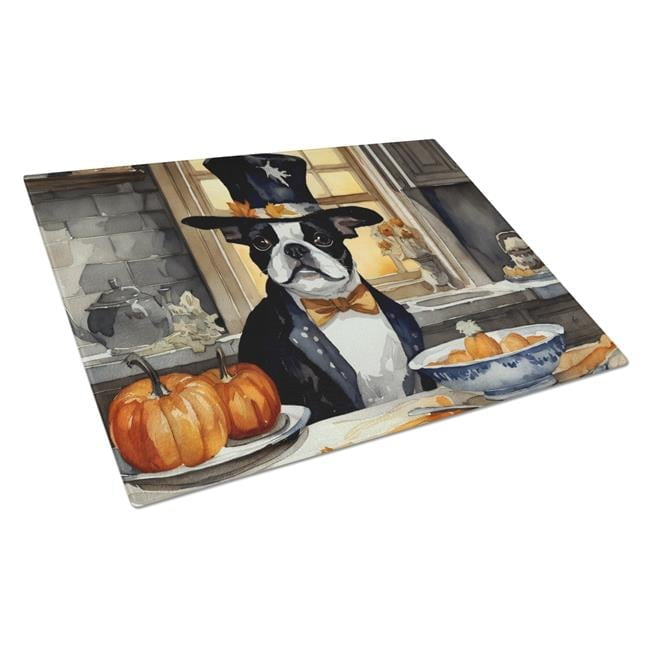 Boston Terrier Fall Kitchen Pumpkins Glass Cutting Board Large 12 in x 15 in