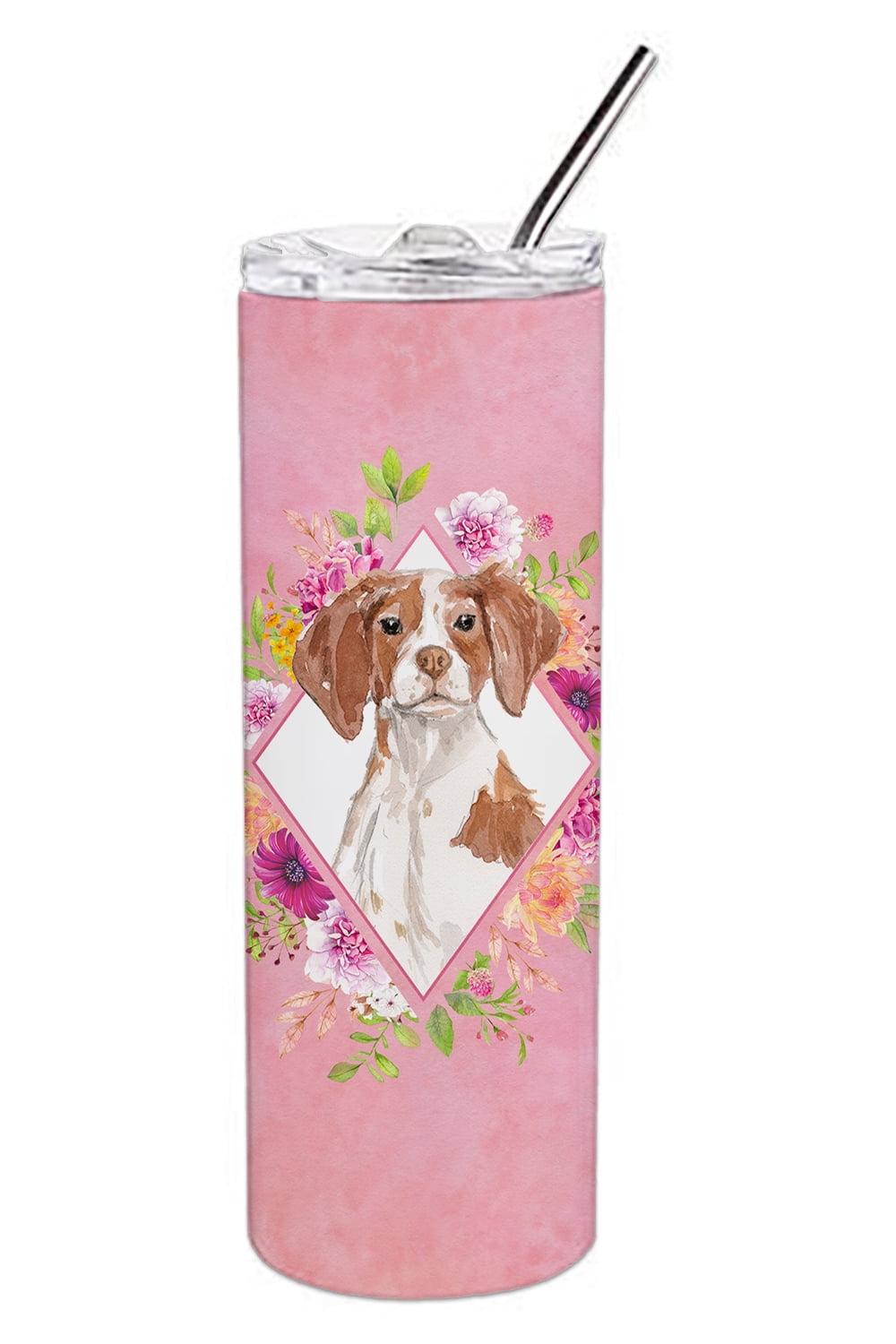Brittany Spaniel Pink Flowers Double Walled Stainless Steel 20 oz Skinny Tumbler