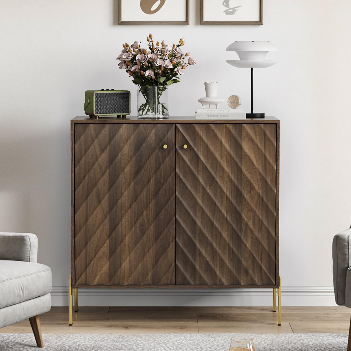Buffet Cabinet, Mid Century Sideboard Storage with Anti-Rollover Device, Metal Legs, Walnut MDF, 31.5 Inch W