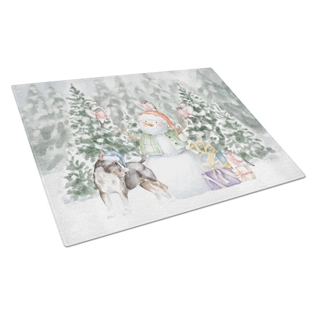 Bull Terrier Black Tan and White with Christmas Presents Glass Cutting Board Large 12 in x 15 in