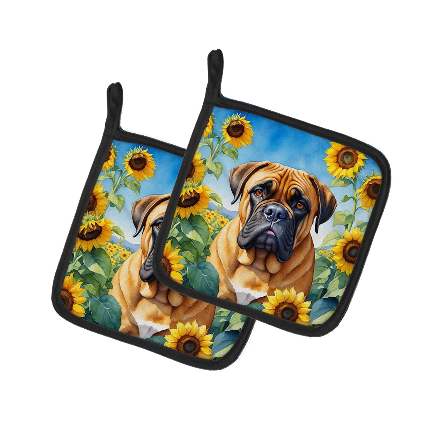 Bullmastiff in Sunflowers Pair of Pot Holders