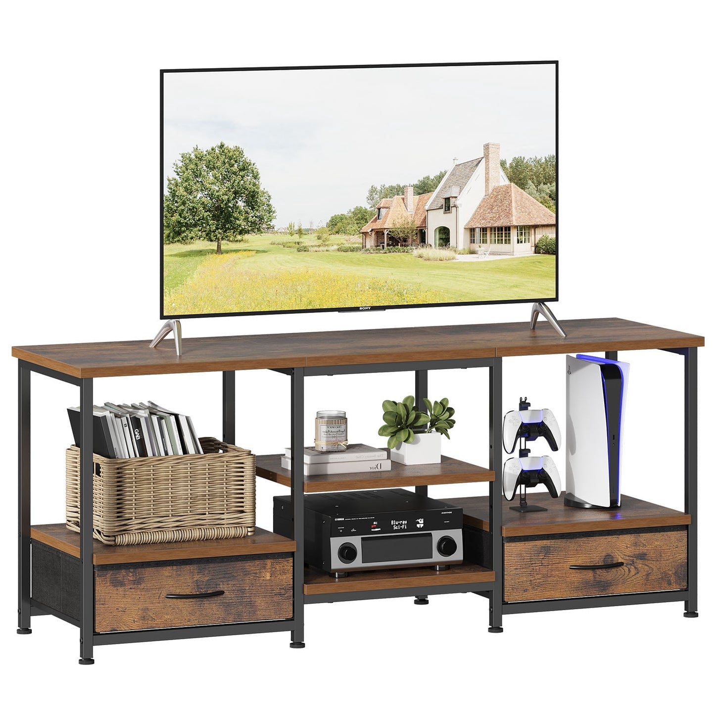 CONCETTA 47-inch TV stand, with Power Socket, 2 drawers, Adjustable Shevles, Suitable for Living Room and Bedroom, Brown