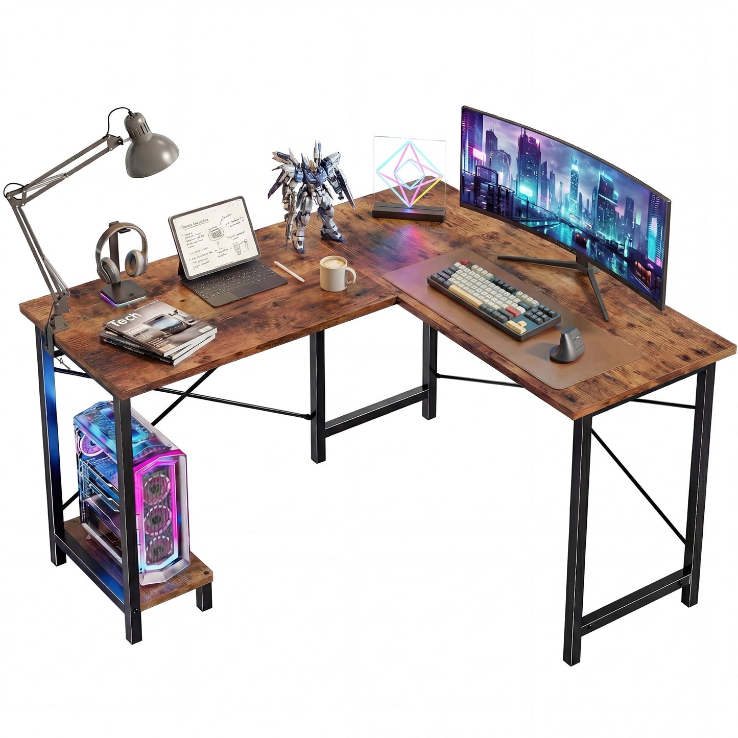 CONCETTA 49“ L Shaped Computer Desk with Movable CPU Stand, Corner Desk for Save Space, Home Office, Rust Brown