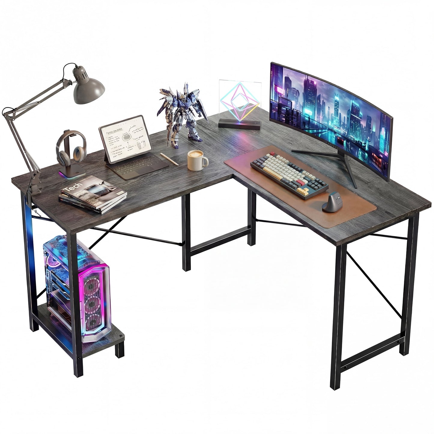 CONCETTA 49†L Shaped Computer Desk with Movable CPU Stand, Corner Desk for Save Space, Home Office, Wood Gray