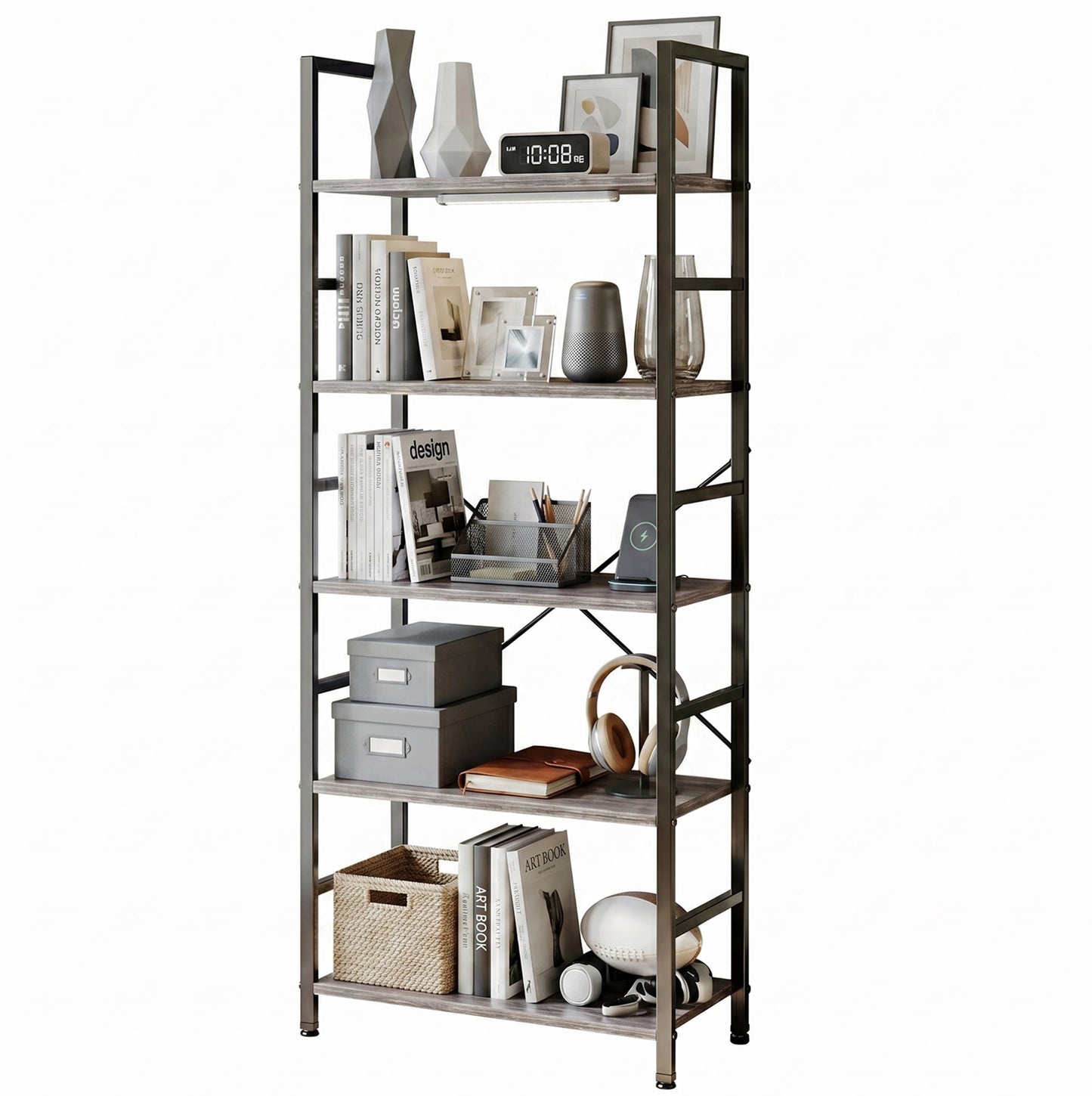 CONCETTA Bookshelf, 5-Tier Small Industrial Storage Shelf & Shelves, Metal Bookcase for Home Office, Living Room, Wood Gray