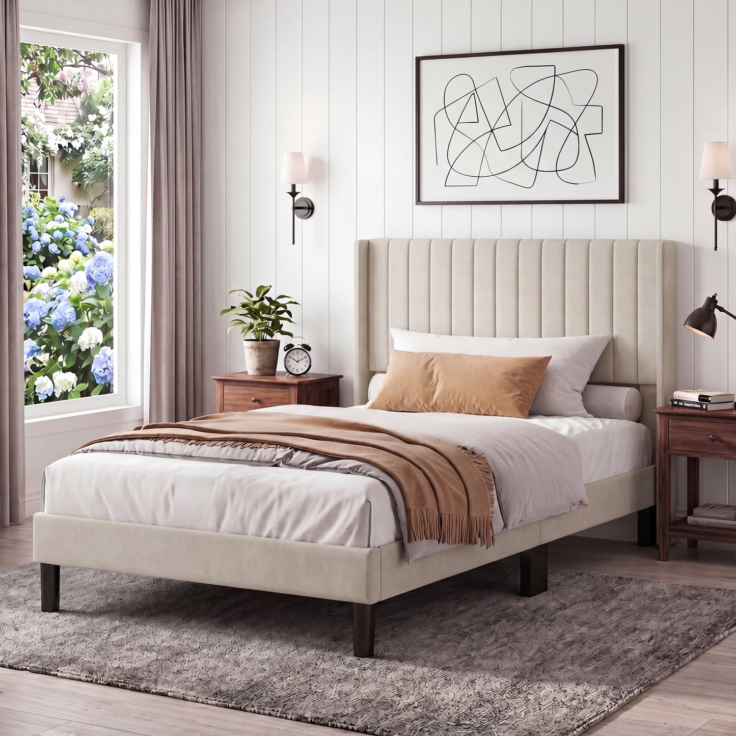 CONCETTA Twin Size Bed Frame with Wingback Fabric Upholstered Headboard and Wooden Slats Support, No Box Spring Needed, Easy Assembly, Beige