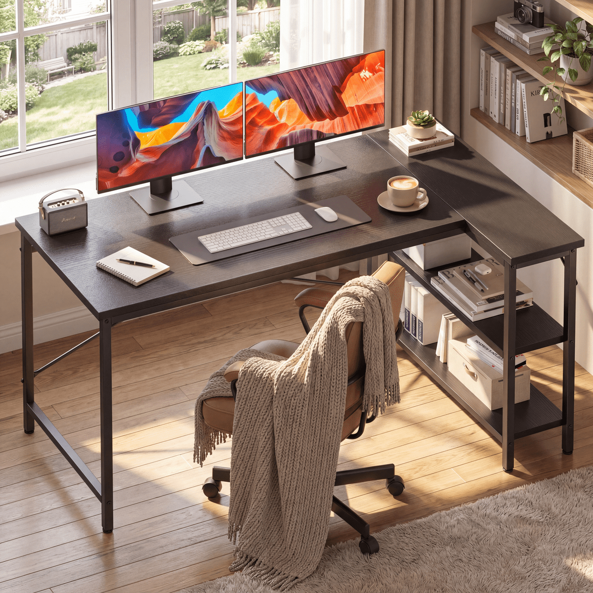 CONCETTA 55 inch L Shaped Desk with Reversible Storage Shelves, 154 lbs Capacity Computer Corner Desk for Home Office, Gaming & Writing, Black