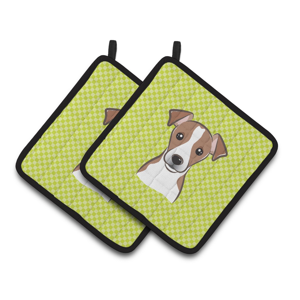 Caroline's Treasures BB1322PTHD Checkerboard Lime Green Jack Russell Terrier Pair of Pot Holders , 7.5HX7.5W, multicolor