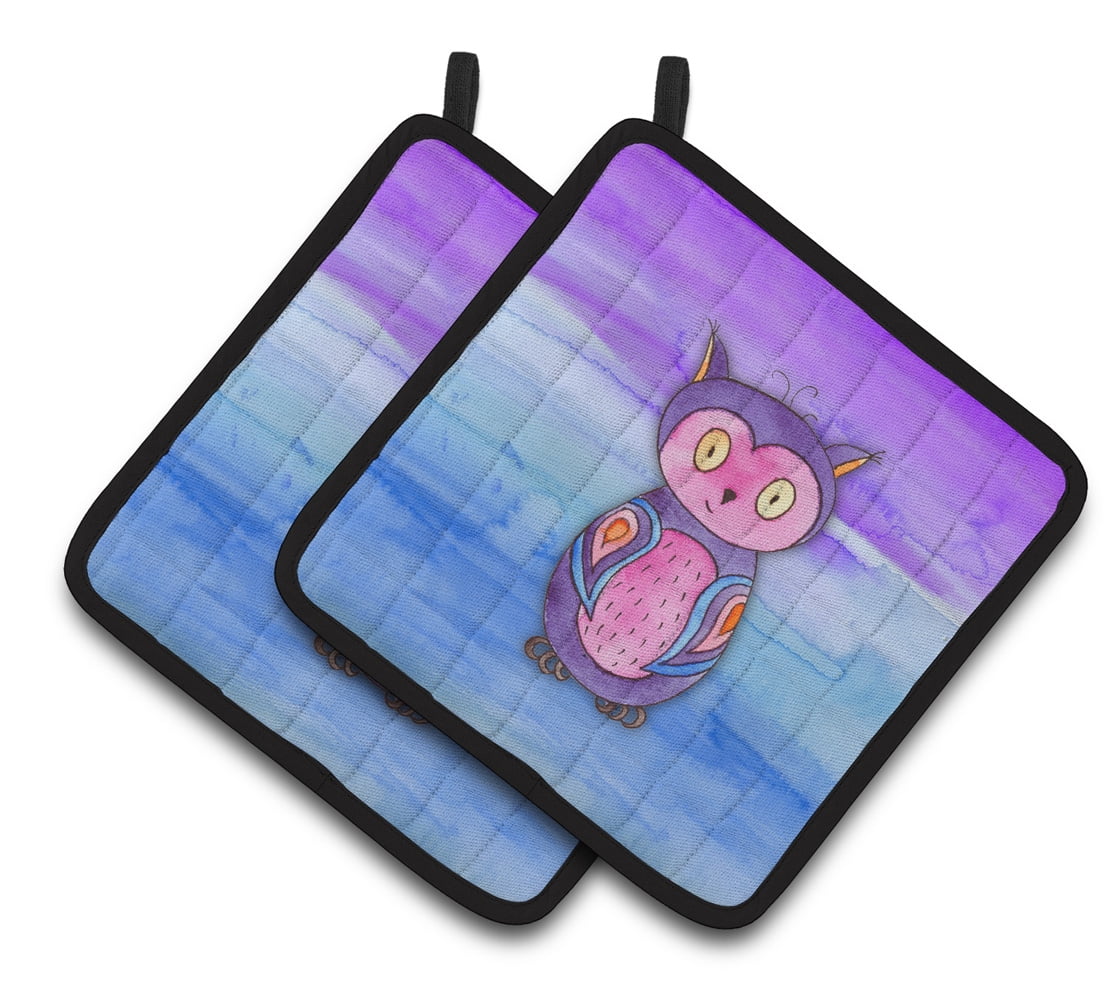Caroline's Treasures Pink and Purple Owl Watercolor Pair of Pot Holders