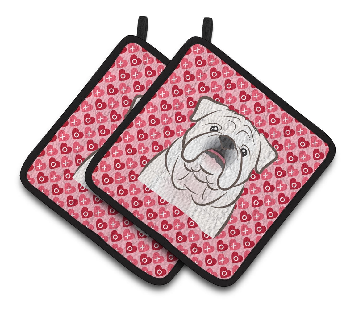 Caroline's Treasures White English Bulldog Hearts Pair of Pot Holders