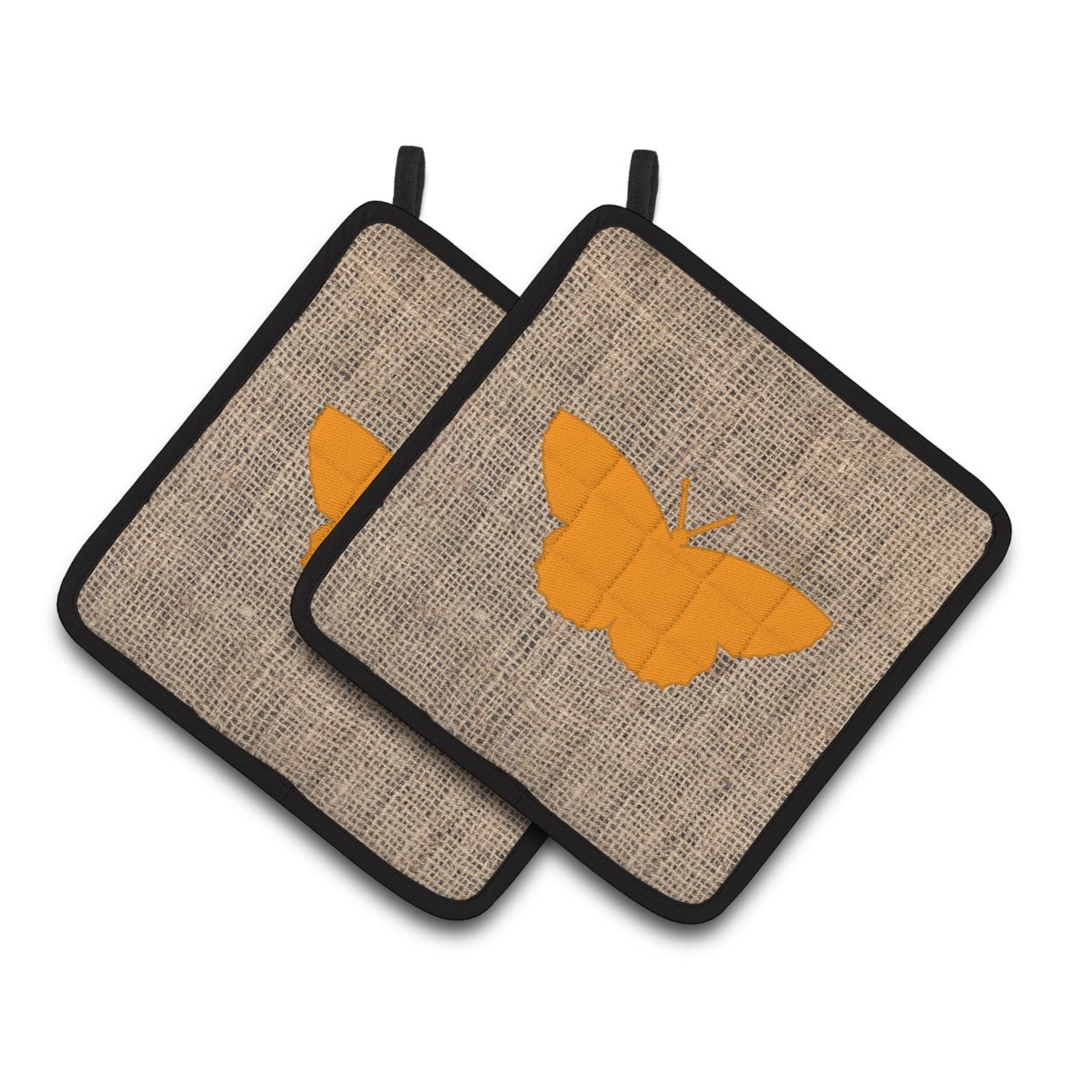 Carolines Treasures BB1041-BL-OR-PTHD Butterfly Faux Burlap and Orange Pair of Pot Holders , 7.5HX7.5W, multicolor