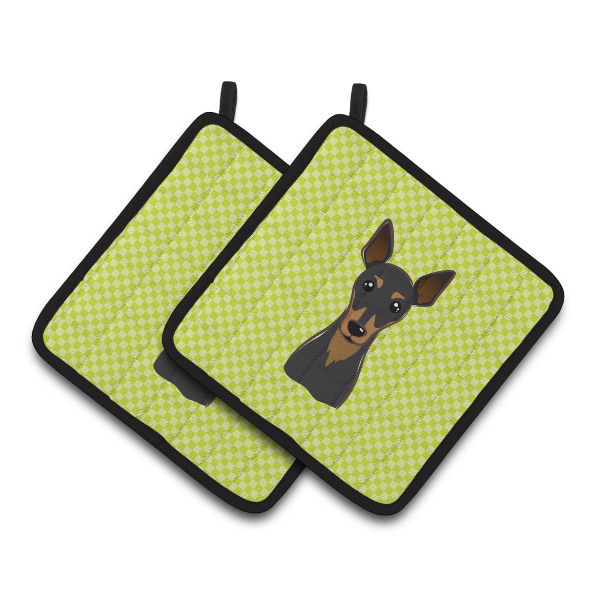 Carolines Treasures BB1302PTHD Checkerboard Lime Green Min Pin Pair of Pot Holders , 7.5HX7.5W, multicolor