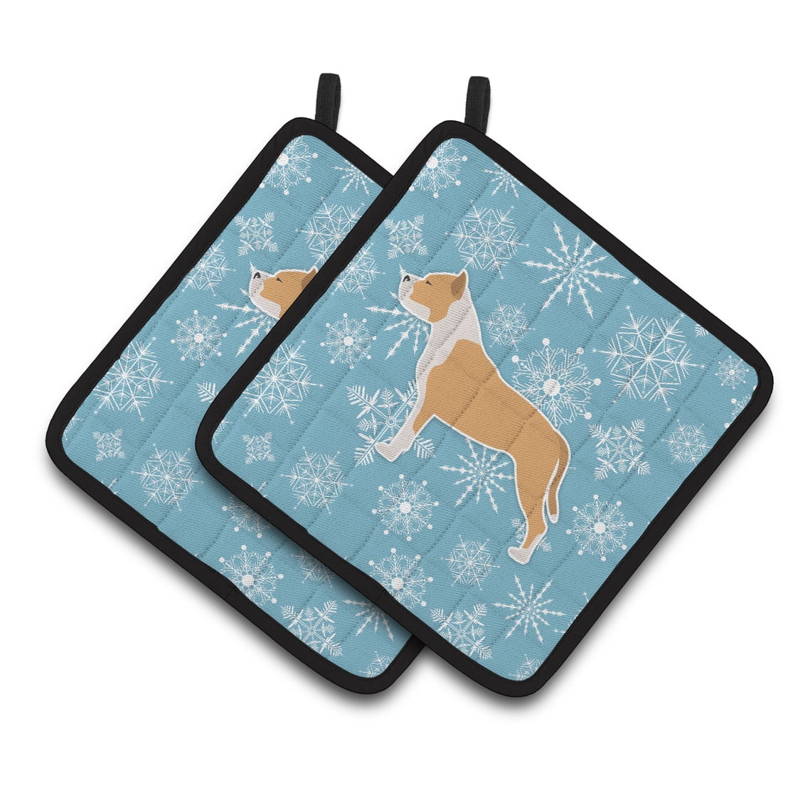 Carolines Treasures BB3554PTHD Winter Snowflake Staffordshire Bull Terrier Pair of Pot Holders 7.5HX7.5W multicolor