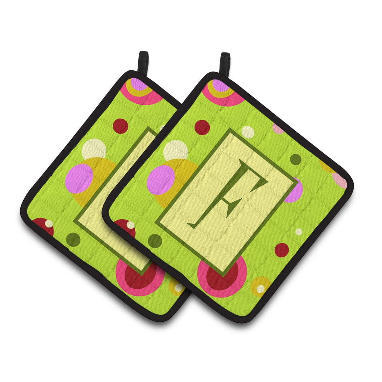 Carolines Treasures CJ1010-FPTHD Letter F Monogram - Lime Green Pair of Pot Holders, 7.5HX7.5W, multicolor