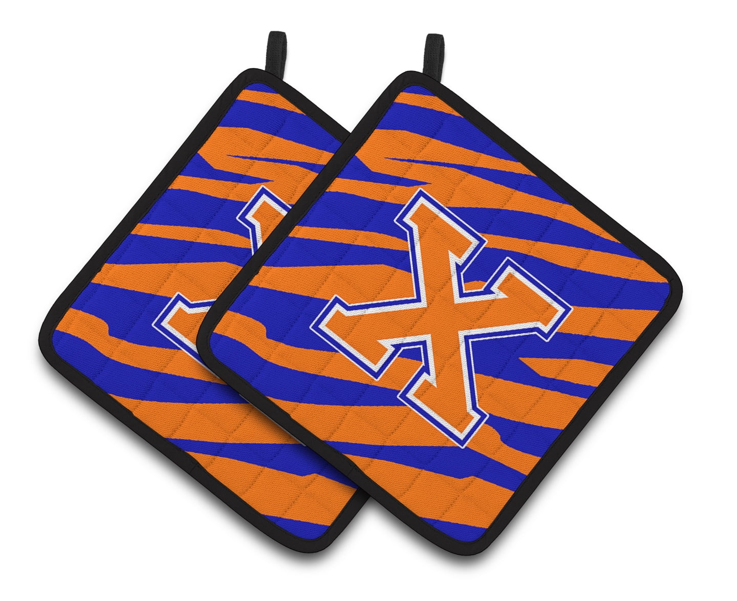 Carolines Treasures CJ1023-XPTHD Letter X Initial Tiger Stripe - Blue Orange Pair of Pot Holders, 7.5HX7.5W, multicolor