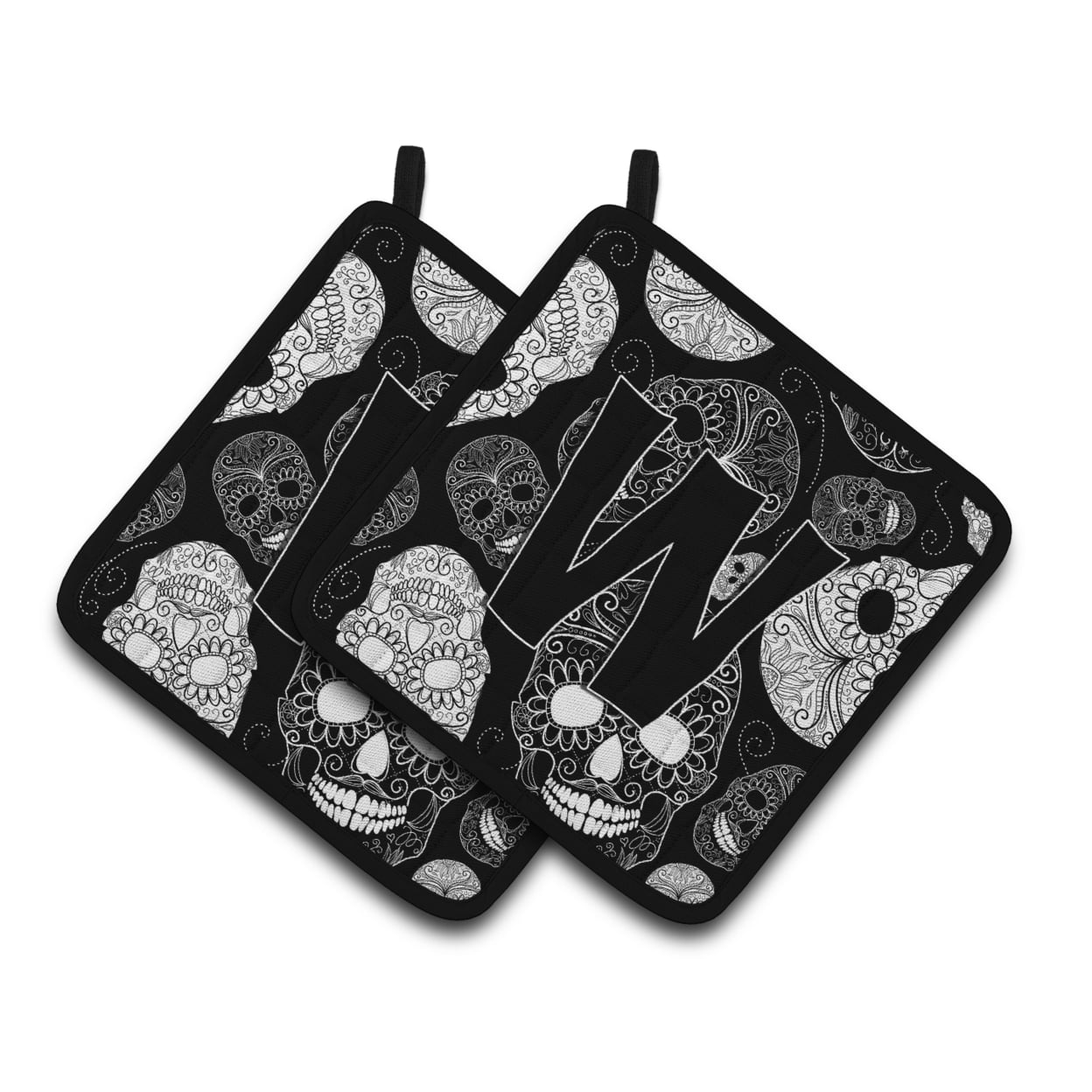Carolines Treasures CJ2008-WPTHD Letter W Day of the Dead Skulls Black Pair of Pot Holders, 7.5HX7.5W, multicolor