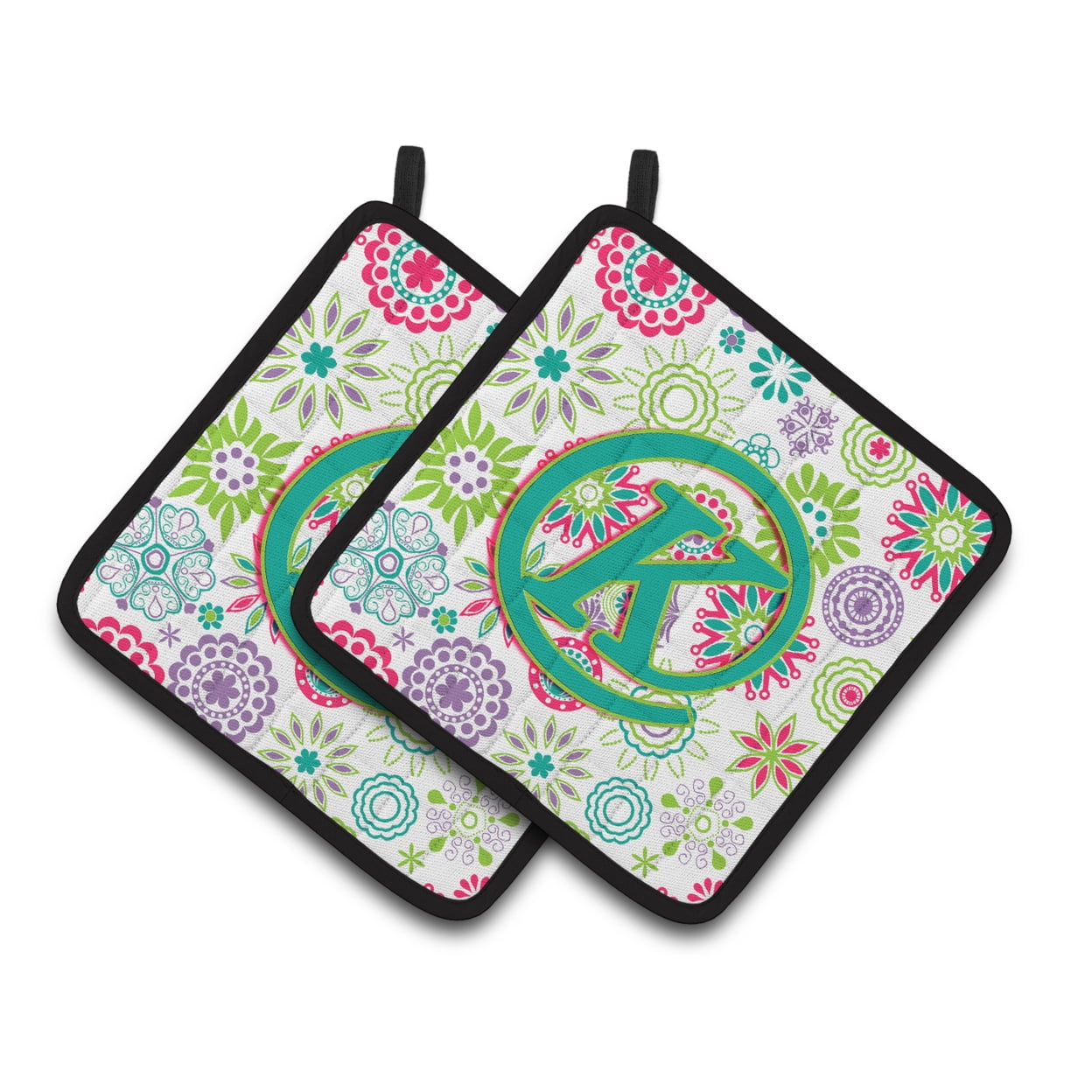 Letter K Flowers Pink Teal Green Initial Pair of Pot Holders