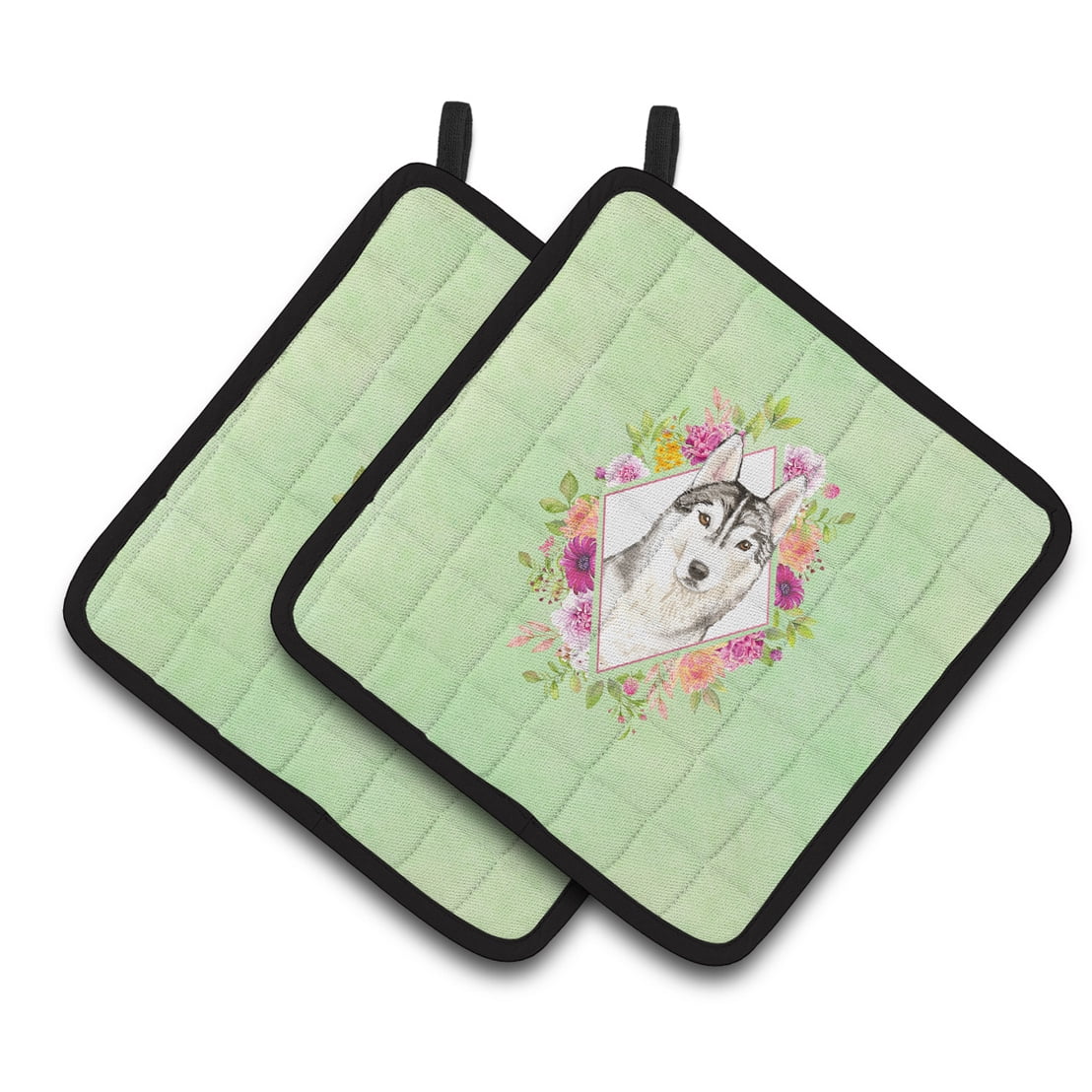 Siberian Husky Green Flowers Pair of Pot Holders