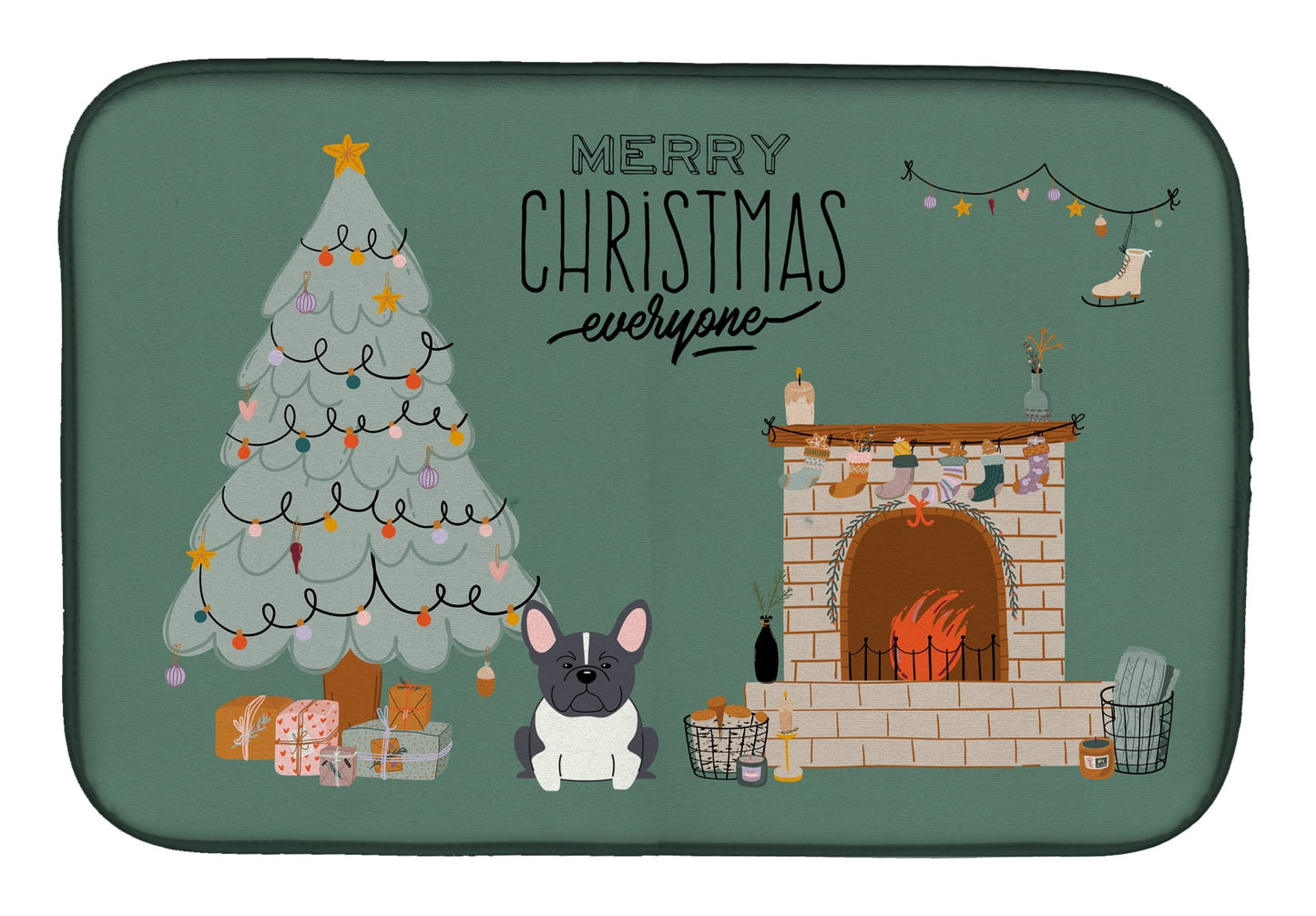 Black White French Bulldog Christmas Everyone Dish Drying Mat