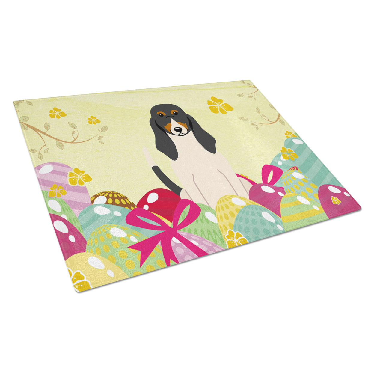 Carolines Treasures Easter Eggs Swiss Hound Glass Cutting Board Large 12H x 16W multicolor