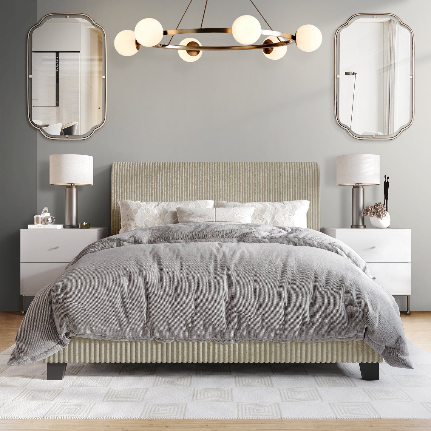 Castle Place Chic Corduroy Velvet Upholstered Full Bed, Beige