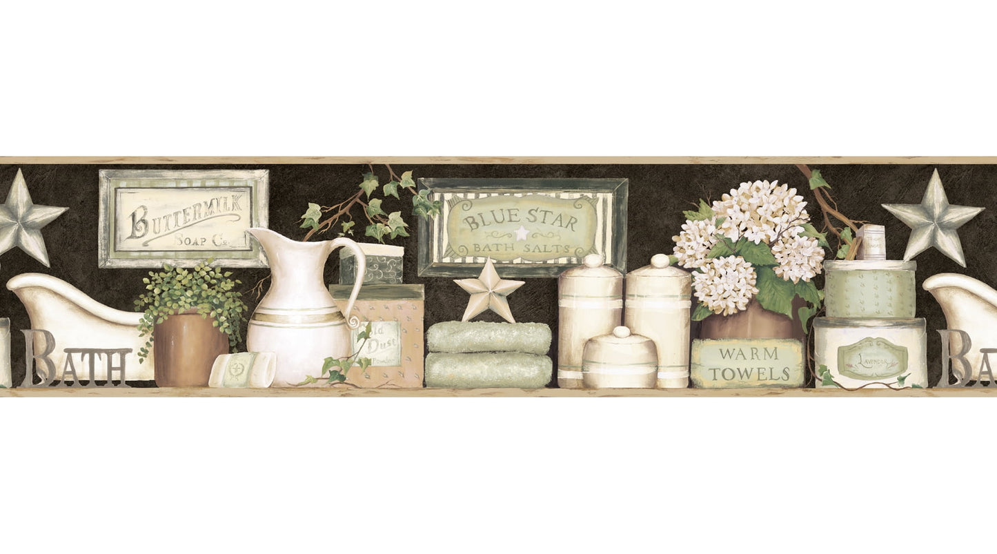 Chesapeake Martha Black Country Bath Border Prepasted Non Woven Blend Wallpaper, 6-in by 15-ft, 56.4 sq. ft.