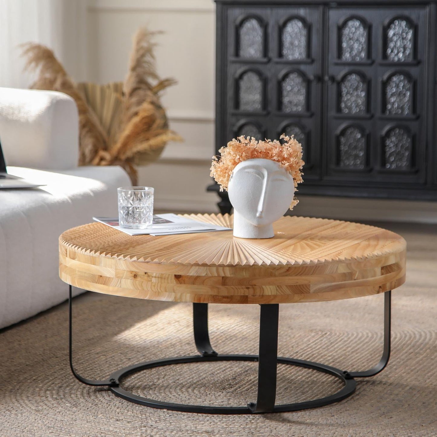 Mesa de Centro, Diseño Moderno Redondo con Tapa de Madera de Pino Tallada y Base de Metal Curvada, Capacidad de Peso de 220 Libras para Sala de Estar, Oficina, Recepción, 31.5 Pulgadas Natural+negro