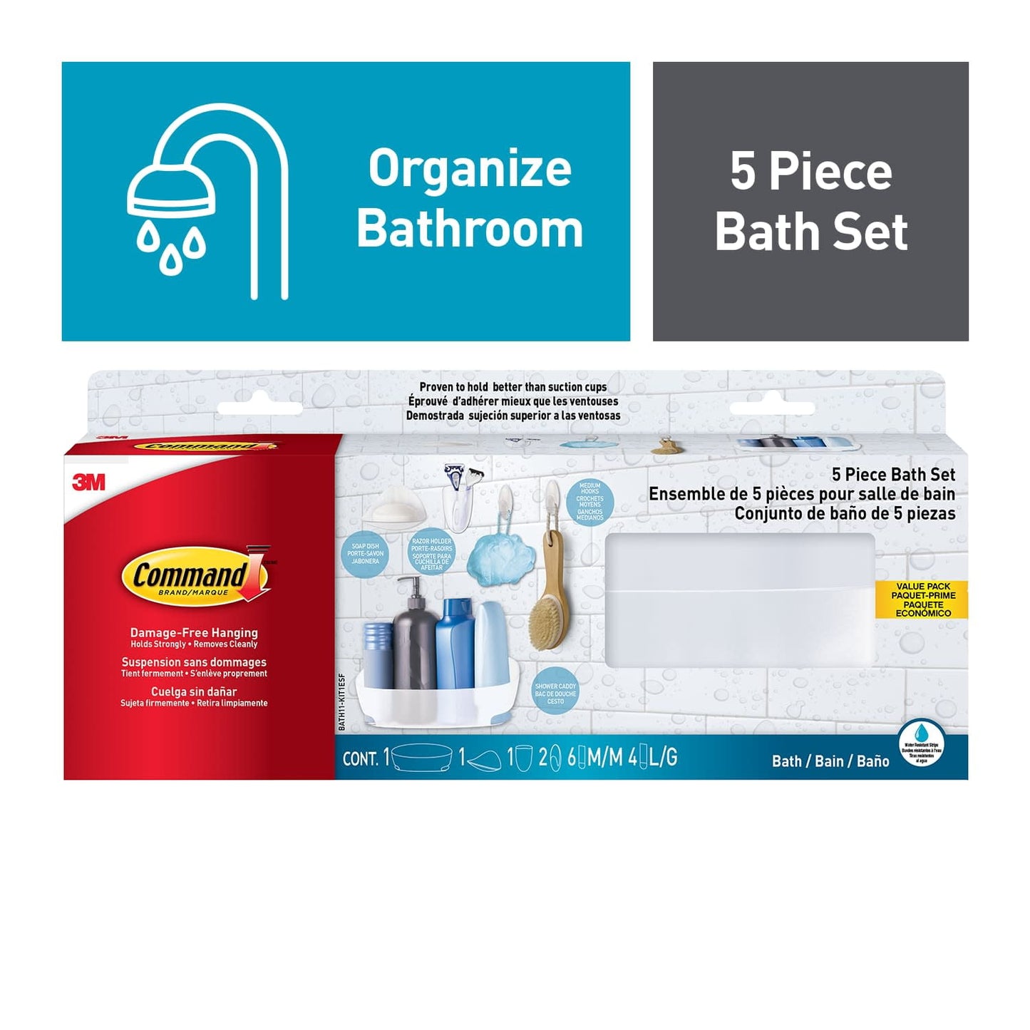 Command Juego de Baño de 5 Piezas, 1 Organizador, 1 Jabonera, 1 Soporte para Rasuradora, 2 Ganchos Medianos