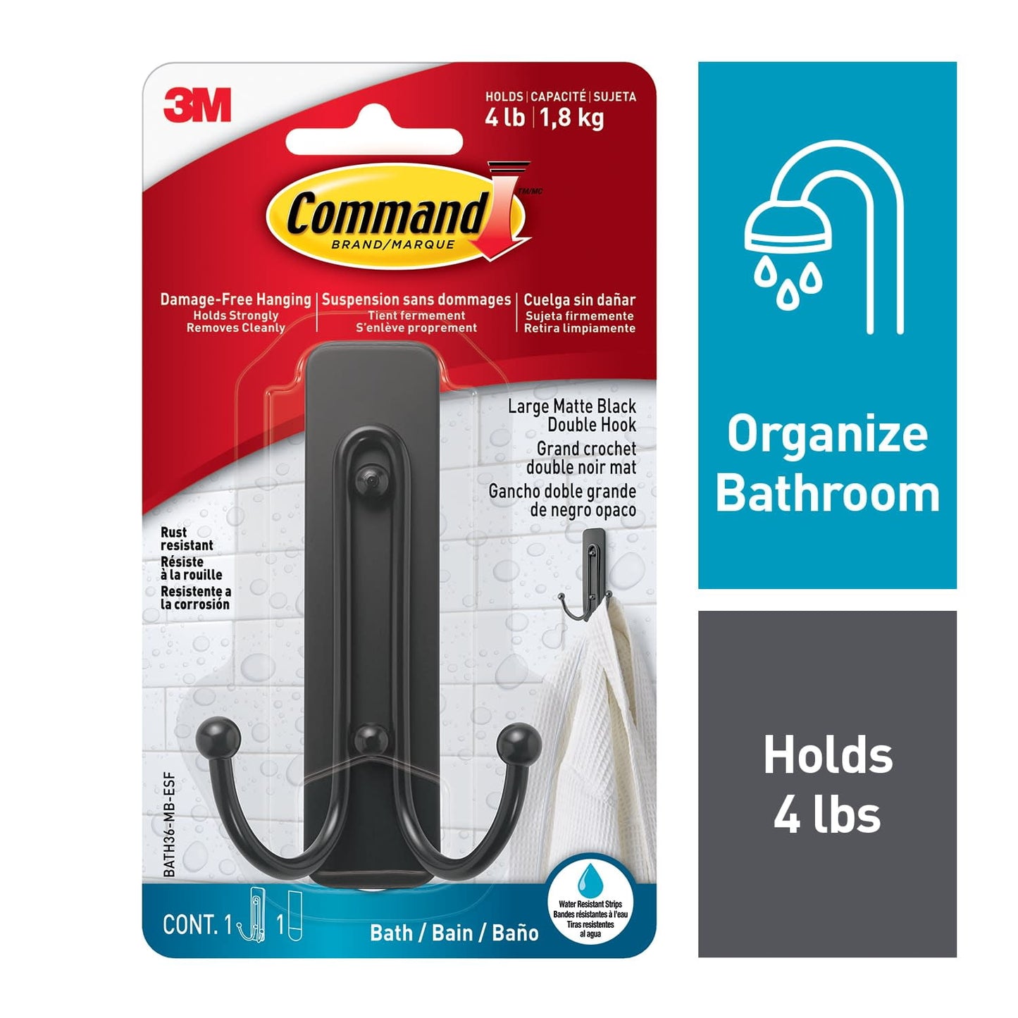 Command Gancho Grande Doble para Pared de Baño, Negro, sin Daños, 1 Gancho de Metal