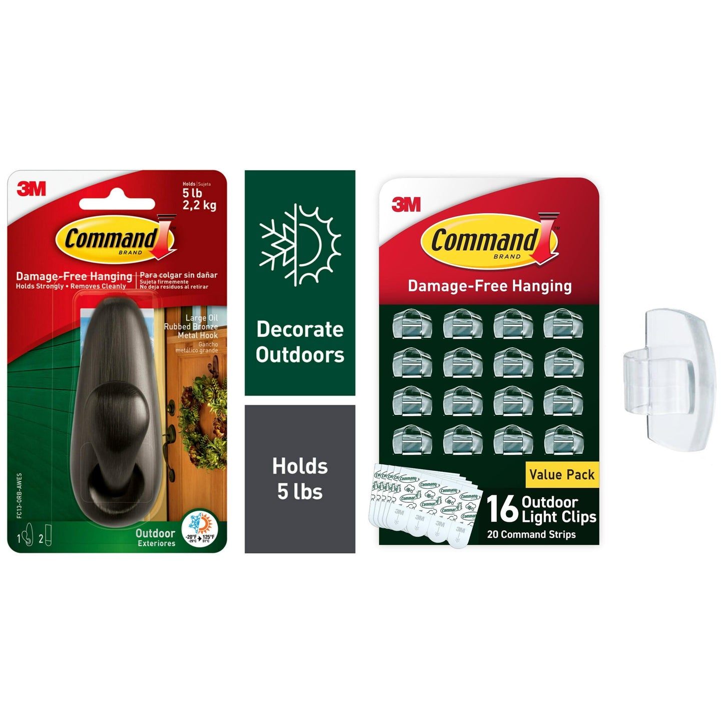 Command Outdoor Holiday D̩cor Bundle with 1 Large Oil Rubbed Bronze Hook and 16 Outdoor Light Clips