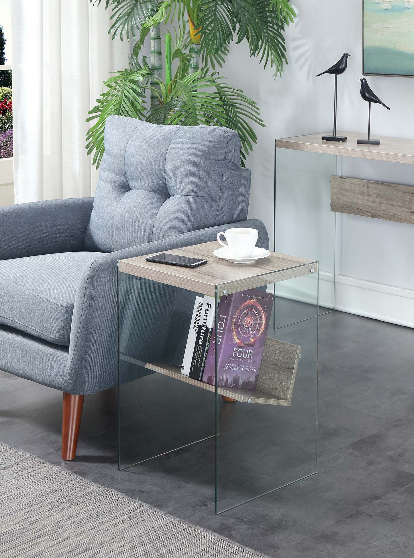 Convenience Concepts SoHo Glass End Table with Shelf, Sandstone/Glass