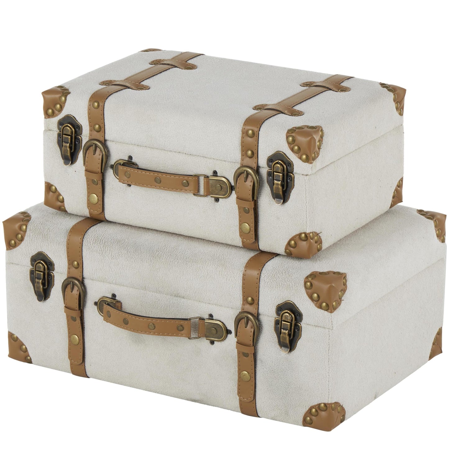 DecMode 20" x 9" Light Gray Wooden Vintage Storage Trunk with Brown Leather Accents and Bronze Latches, 2-Pieces