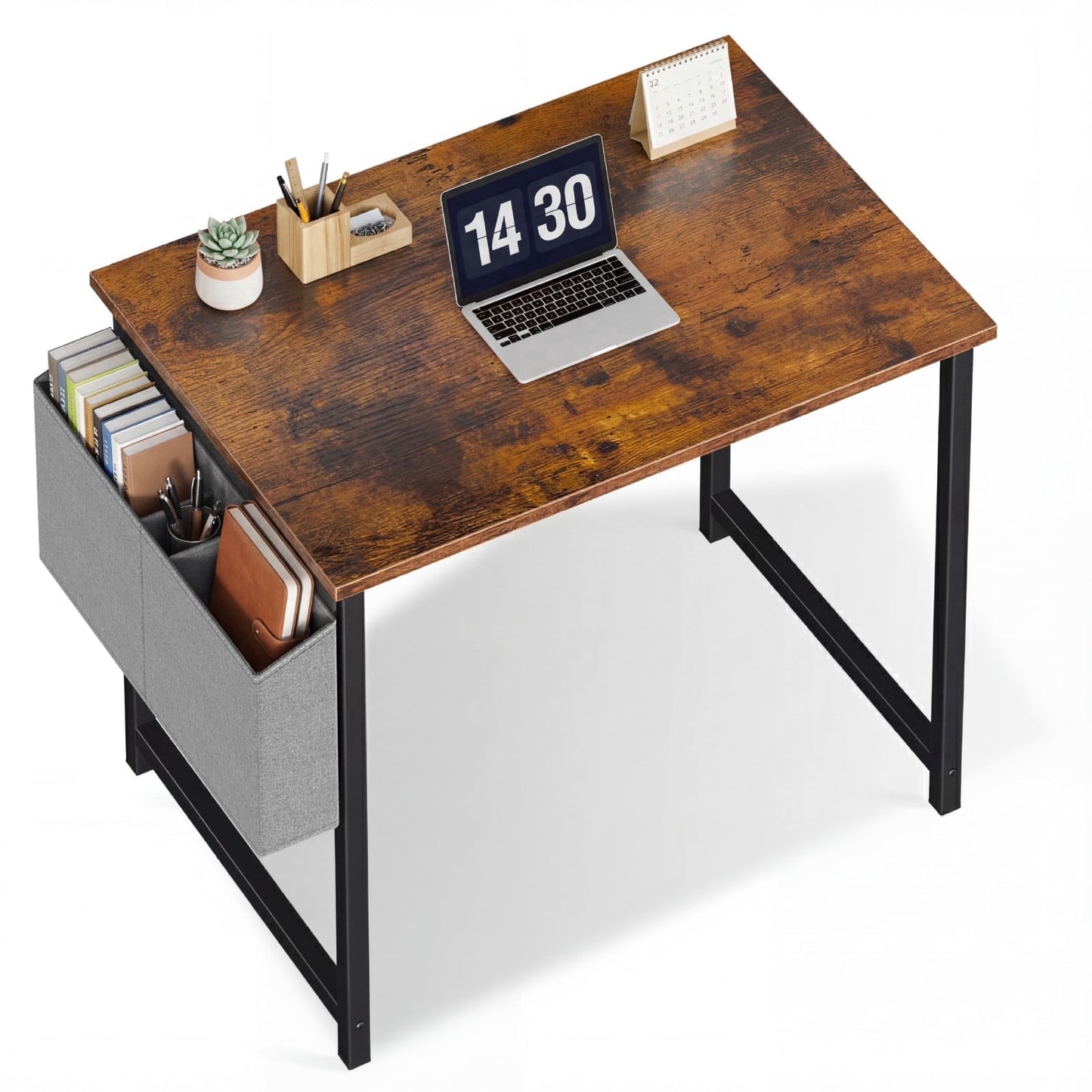 EDX Escritorio de Computadora Pequeño de 31" con Estructura de Metal, Superficie Impermeable y Bolsa de Almacenamiento – Ideal para Dormitorio O Espacios Pequeños, Marrón Rústico