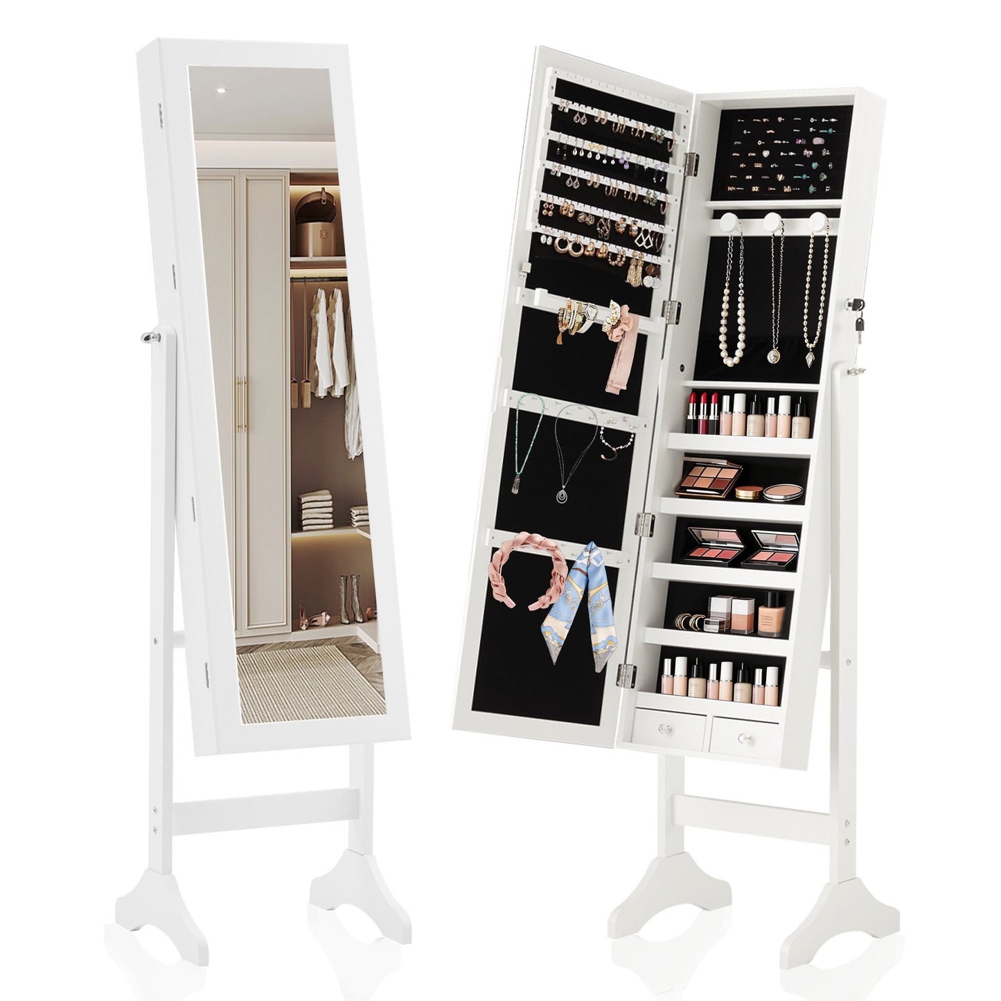 EDX Gabinete de JoyerÃa Independiente de Cuerpo Entero con Espejo, Organizador de Joyas Grande Ajustable en 3 Ãngulos con Almacenamiento de Maquillaje, Blanco