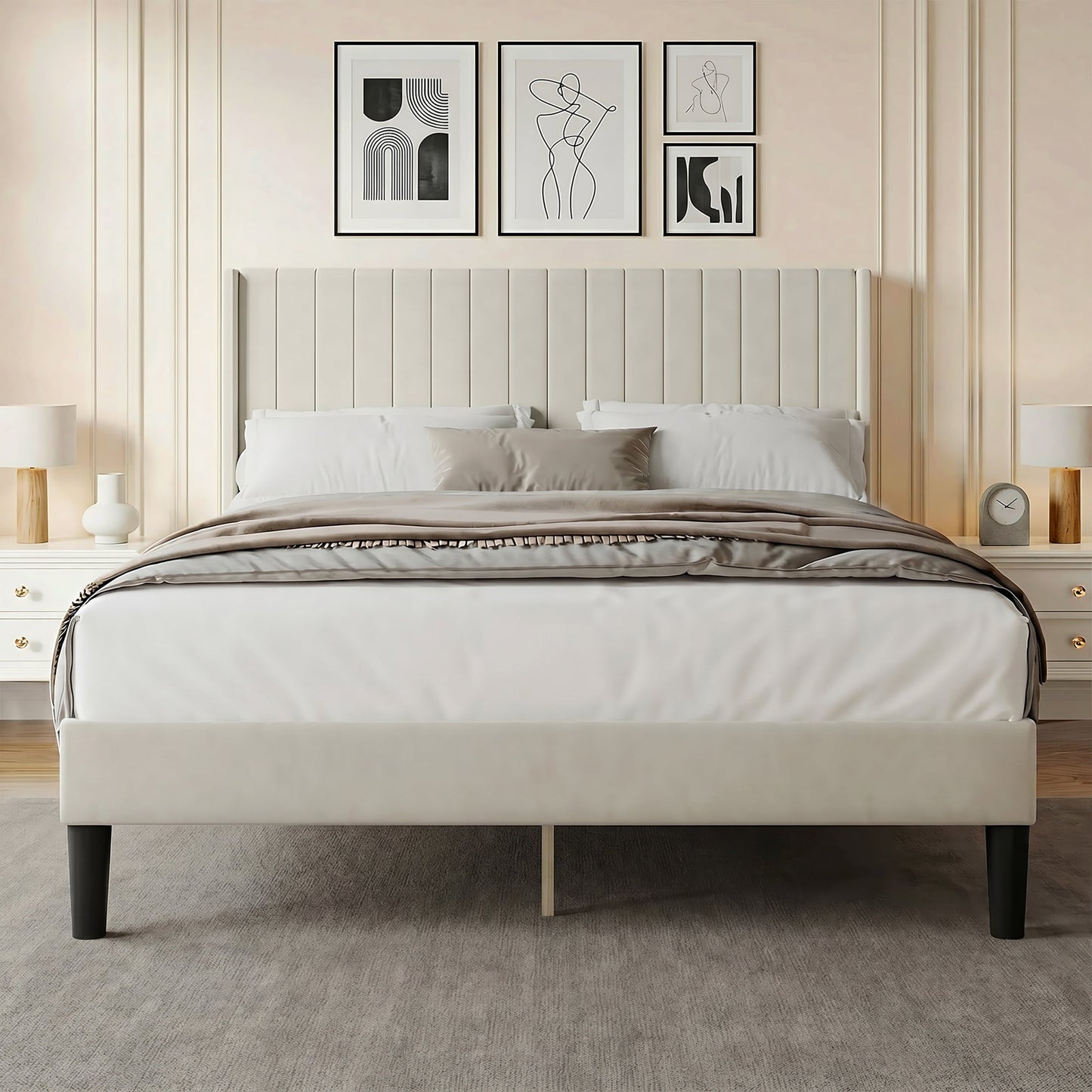 EDX Queen Size Upholstered Platform Bed Frame with Padded Wingback Headboard, Modern Accent Bedroom Furniture, Beige Velvet