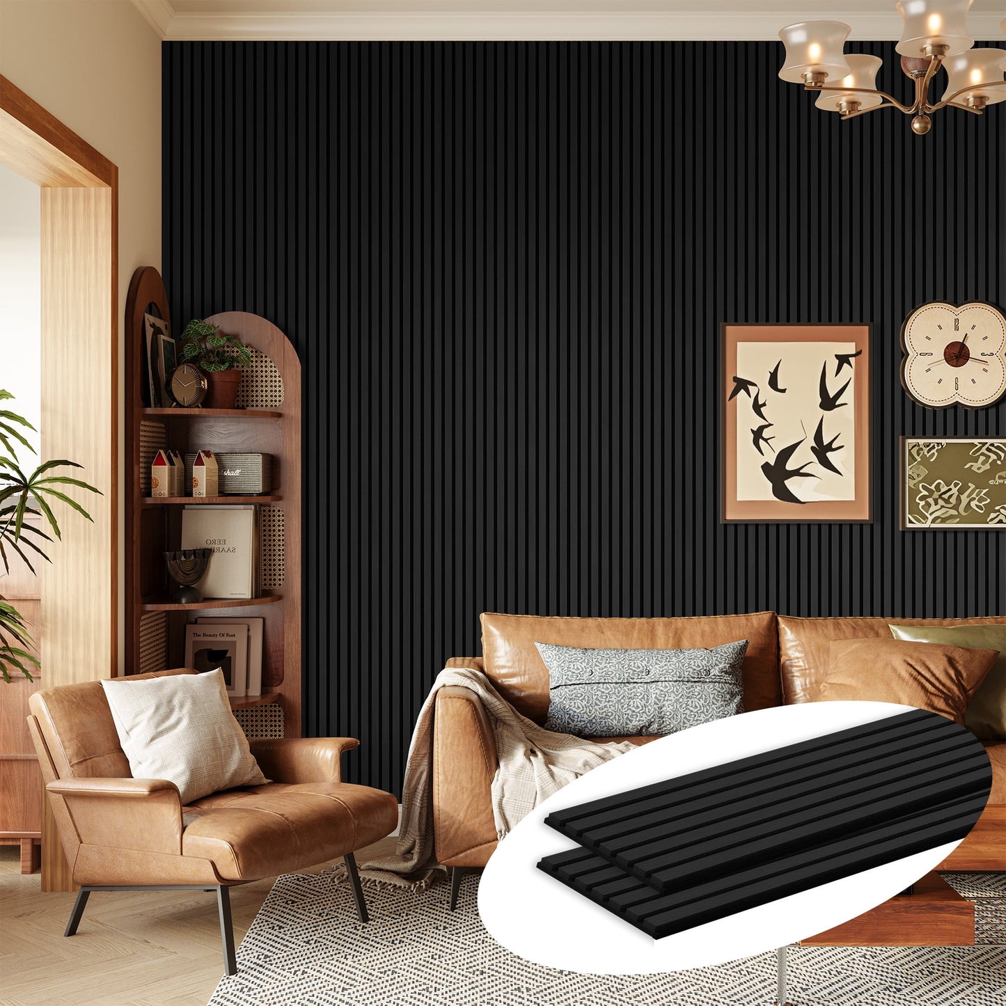 Easy4Home 2Pcs 106"x20.5" Wood Slat Acoustic Wall Panels, 3D Fluted Soundproof Decorative Panels for Interior Walls, Black Oak