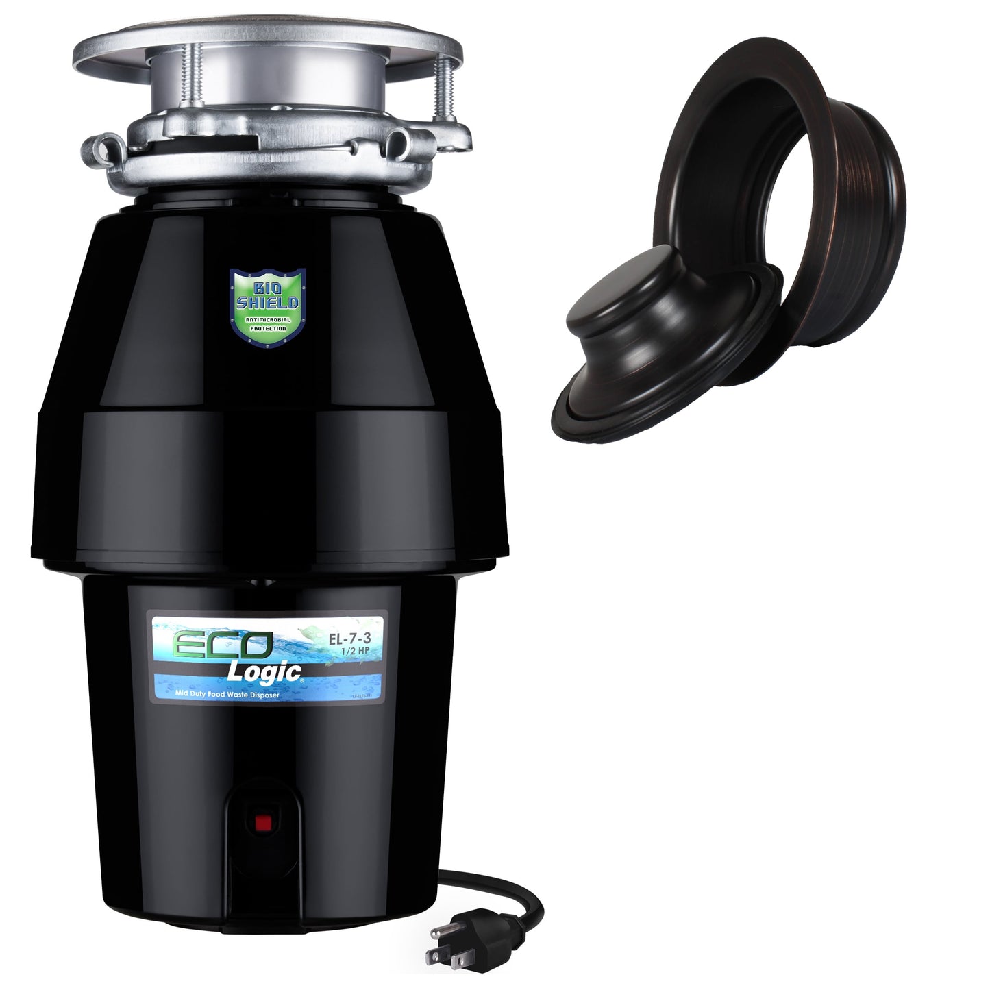 Eco Logic 1/2 HP Garbage Disposal with Oil Rubbed Bronze Sink Flange and Stopper Assembly Kit 10-US-EL-7-DS-3B-ORB