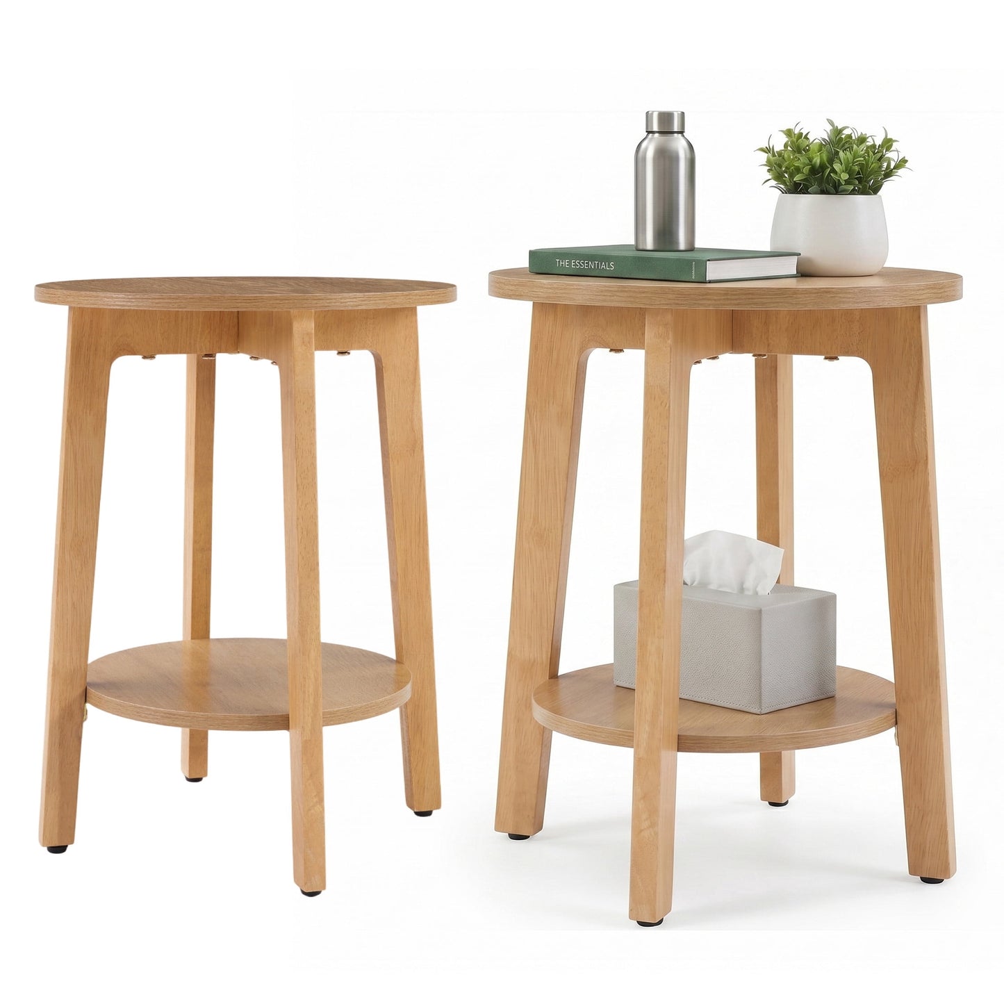 EDX Juego de 2 Mesas Auxiliares Redondas Pequeñas, Mesa de Noche Moderna con Patas Cónicas, Mesa Lateral de Almacenamiento de 2 Niveles, Fácil de Ensamblar, Mesa Decorativa Que Ahorra Espacio para Sala de Estar Dormitorio, Madera Natural