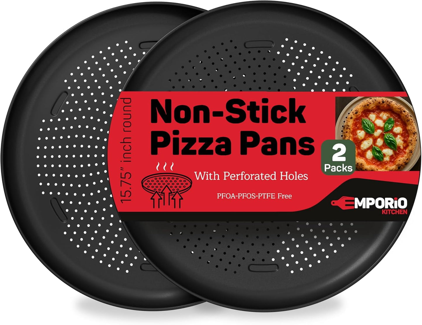 Emporio Kitchen Non-Stick Pizza Pan 2 Pack – 16 Inch Round Carbon Steel Pizza Tray with Perforated Holes, PFOAPFOSPTFE-Free, Dishwasher & Oven Safe Up To 450°F, Durable Nonstick Gray Coating