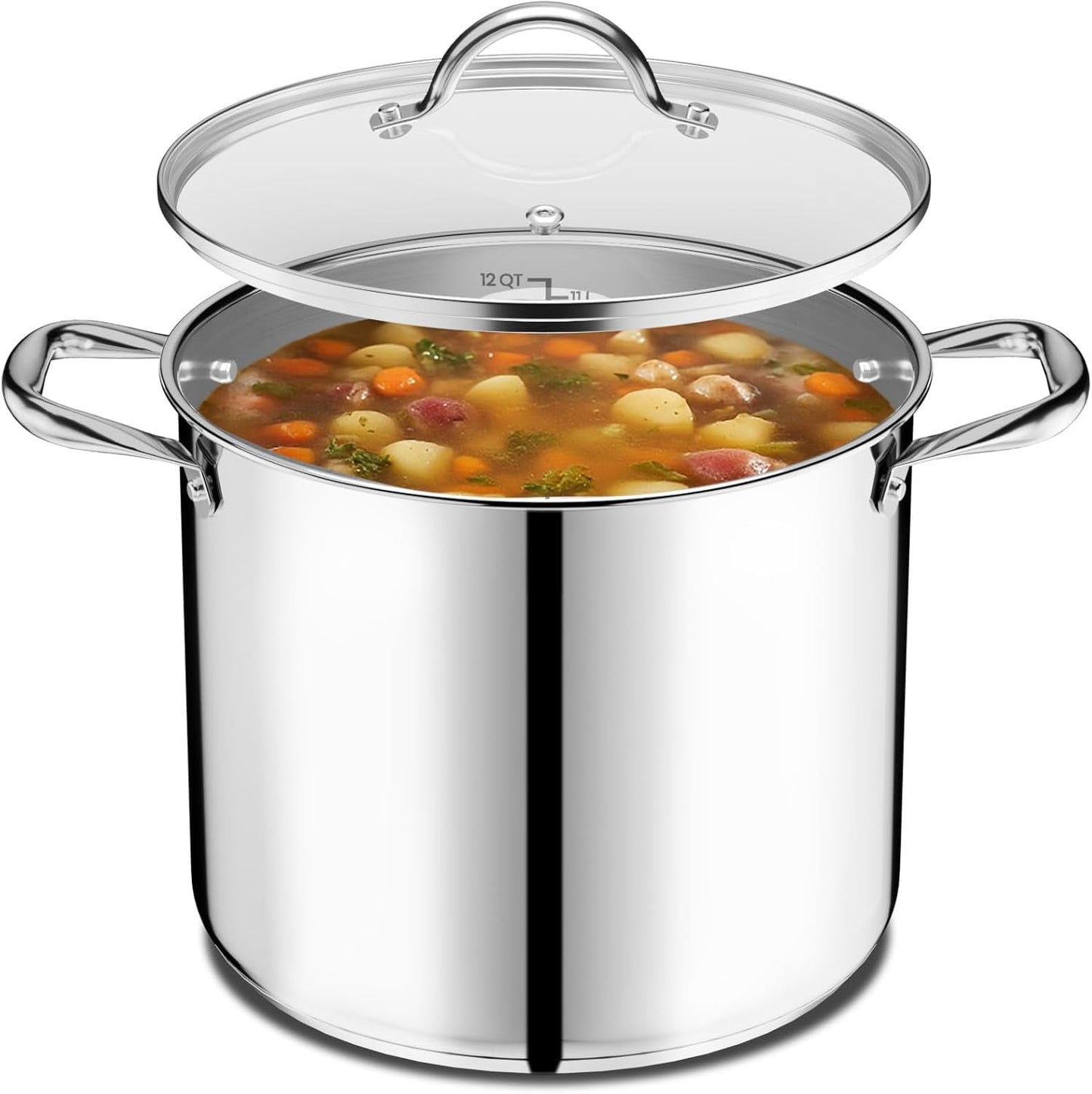 Emporio Kitchen Stainless Steel 12QT Stock Pot with Glass Lid – Durable 18/0 Steel, Even-Heat Base, Riveted Handles, Oven & Stove Compatible, 500°F