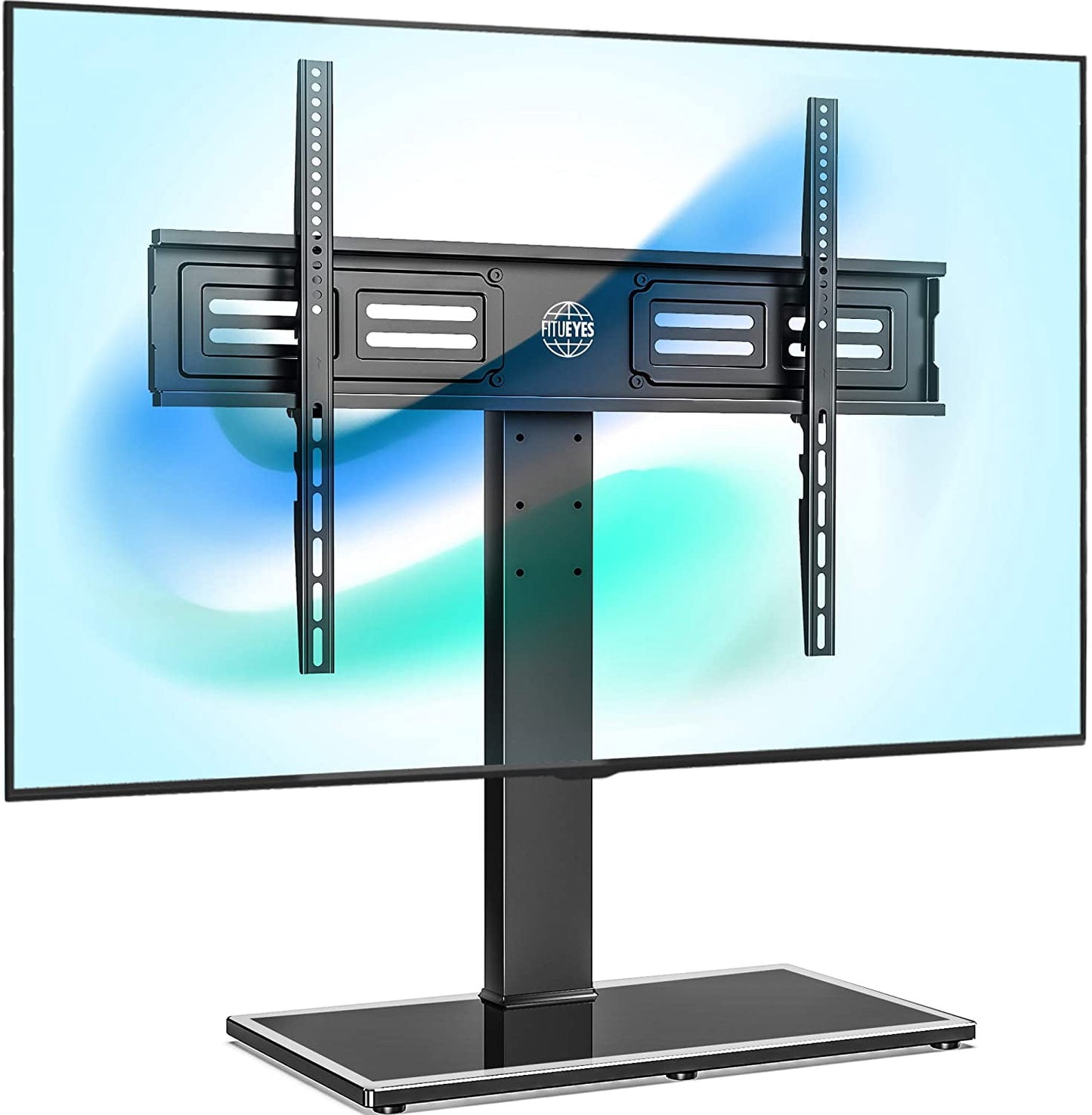 FITUEYES Universal Metal Tabletop TV Stand with tempered glass shelf, Supports 50"-85" TVs up to 143 lbs