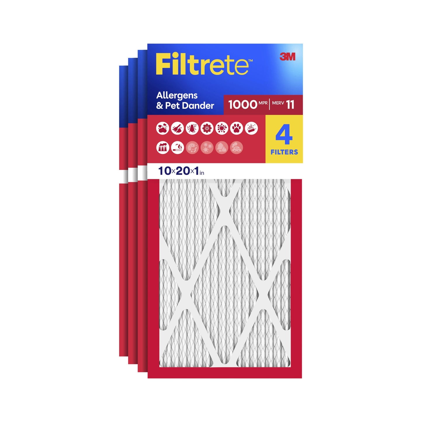 Filtrete 10x20x1 HVAC Furnace Air Filter, MPR 1000 MERV 11, Allergens & Pet Dander, 4 Pack
