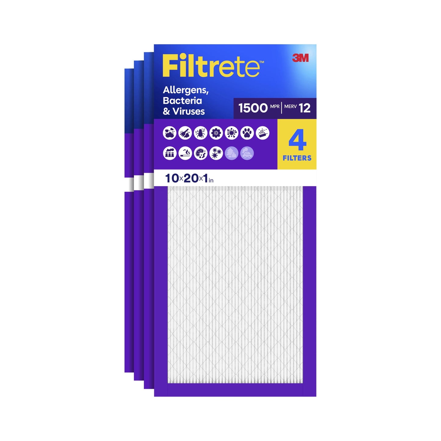 Filtrete 10x20x1 HVAC Furnace Air Filter, MPR 1500 MERV 12, Allergens, Bacteria & Viruses, 4 Pack