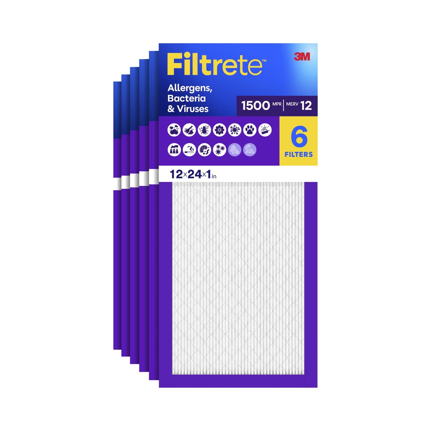 Filtrete 12x24x1 HVAC Furnace Air Filter, MPR 1500 MERV 12, Allergens, Bacteria & Viruses, 6 Pack