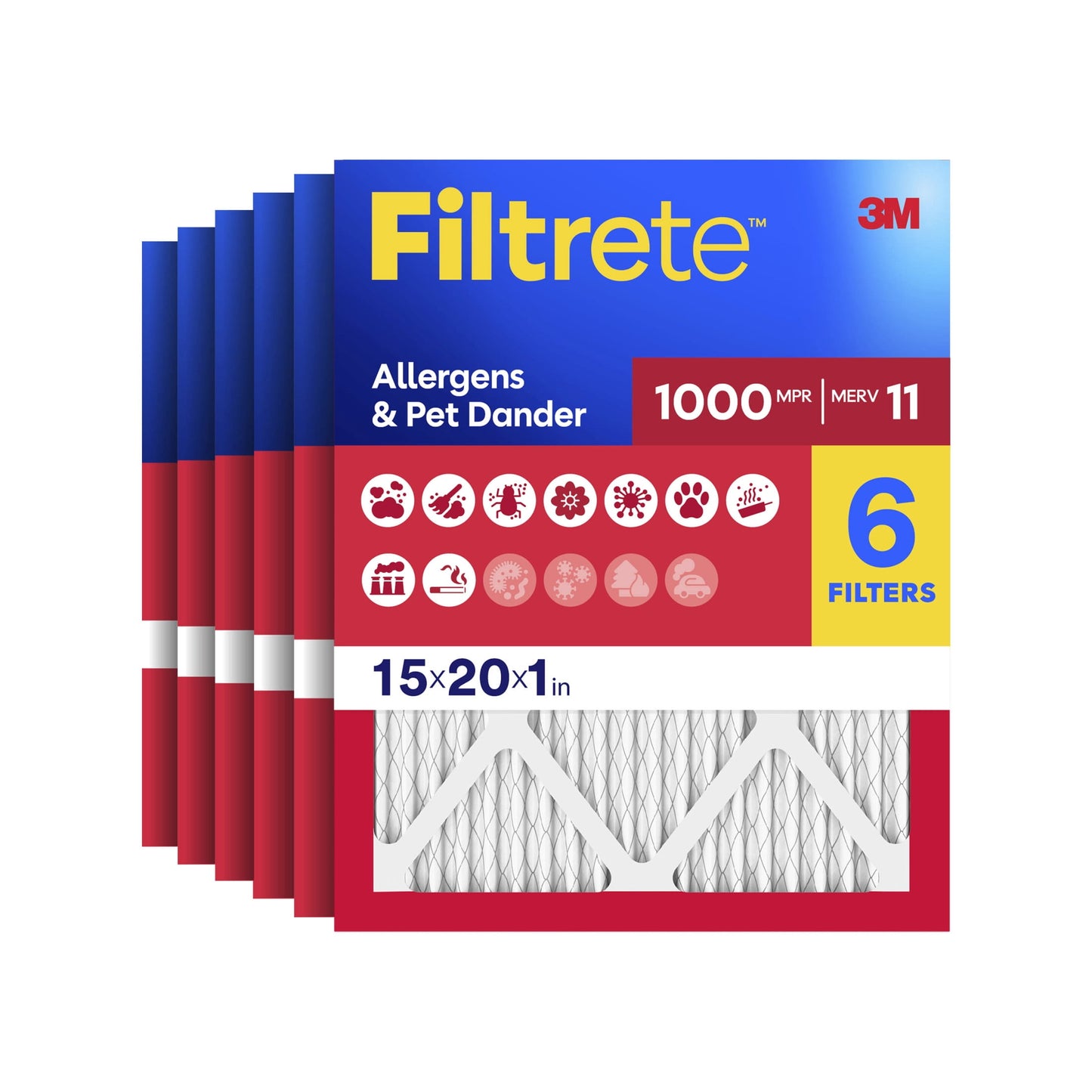 Filtrete 15x20x1 HVAC Furnace Air Filter, MPR 1000 MERV 11, Allergens & Pet Dander, 6 Pack